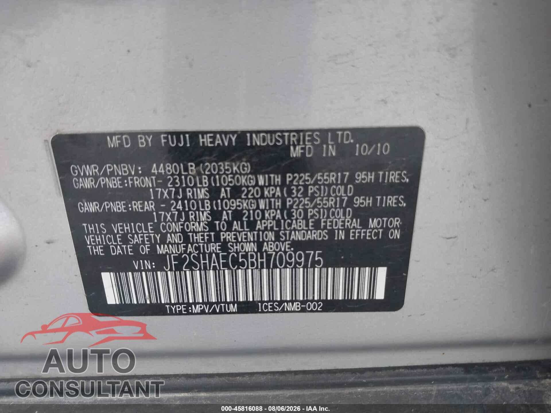 SUBARU FORESTER 2011 - JF2SHAEC5BH709975