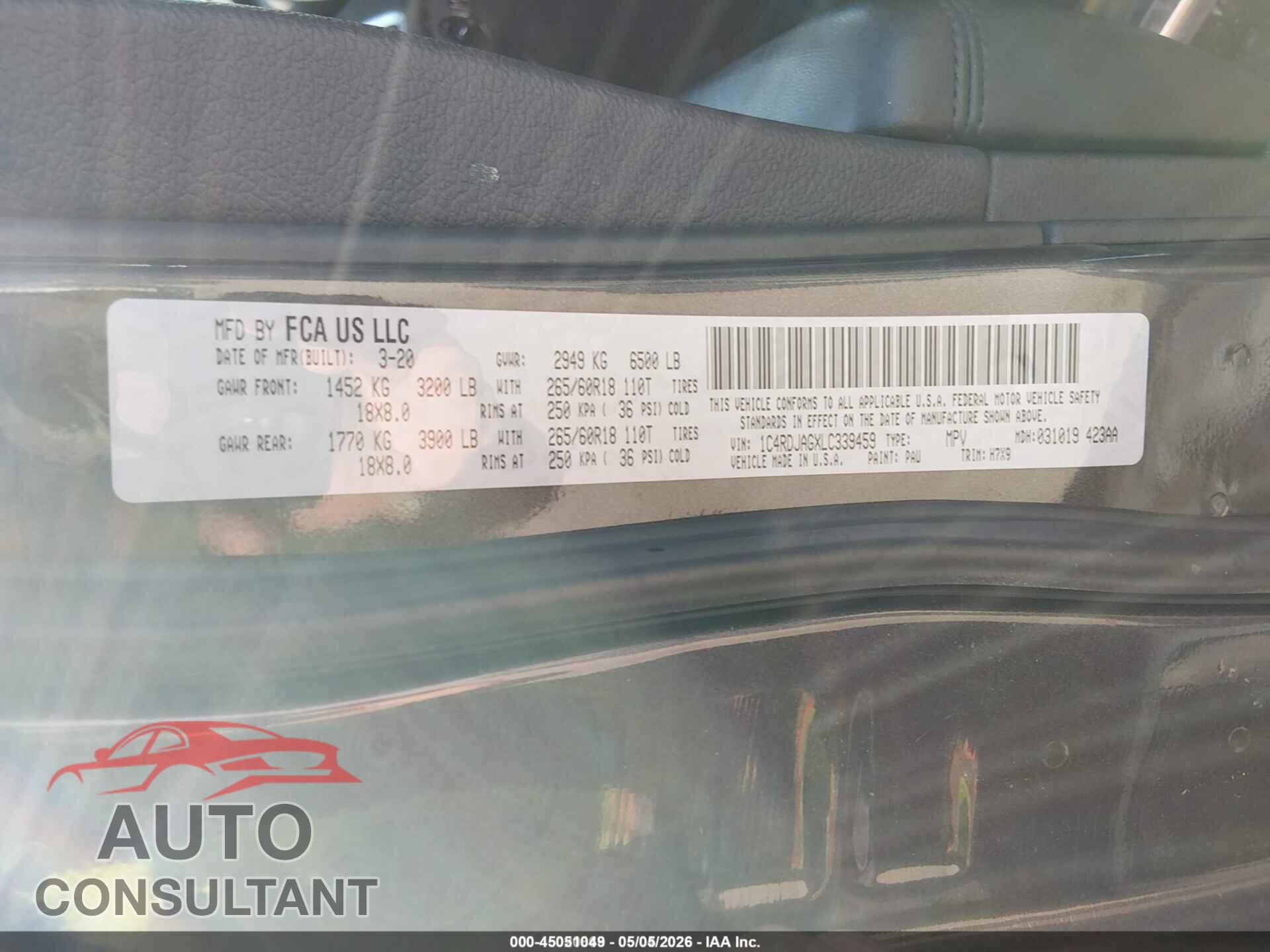 DODGE DURANGO 2020 - 1C4RDJAGXLC339459