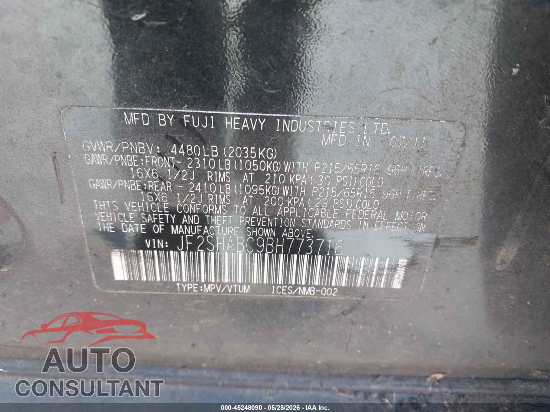 SUBARU FORESTER 2011 - JF2SHABC9BH773716