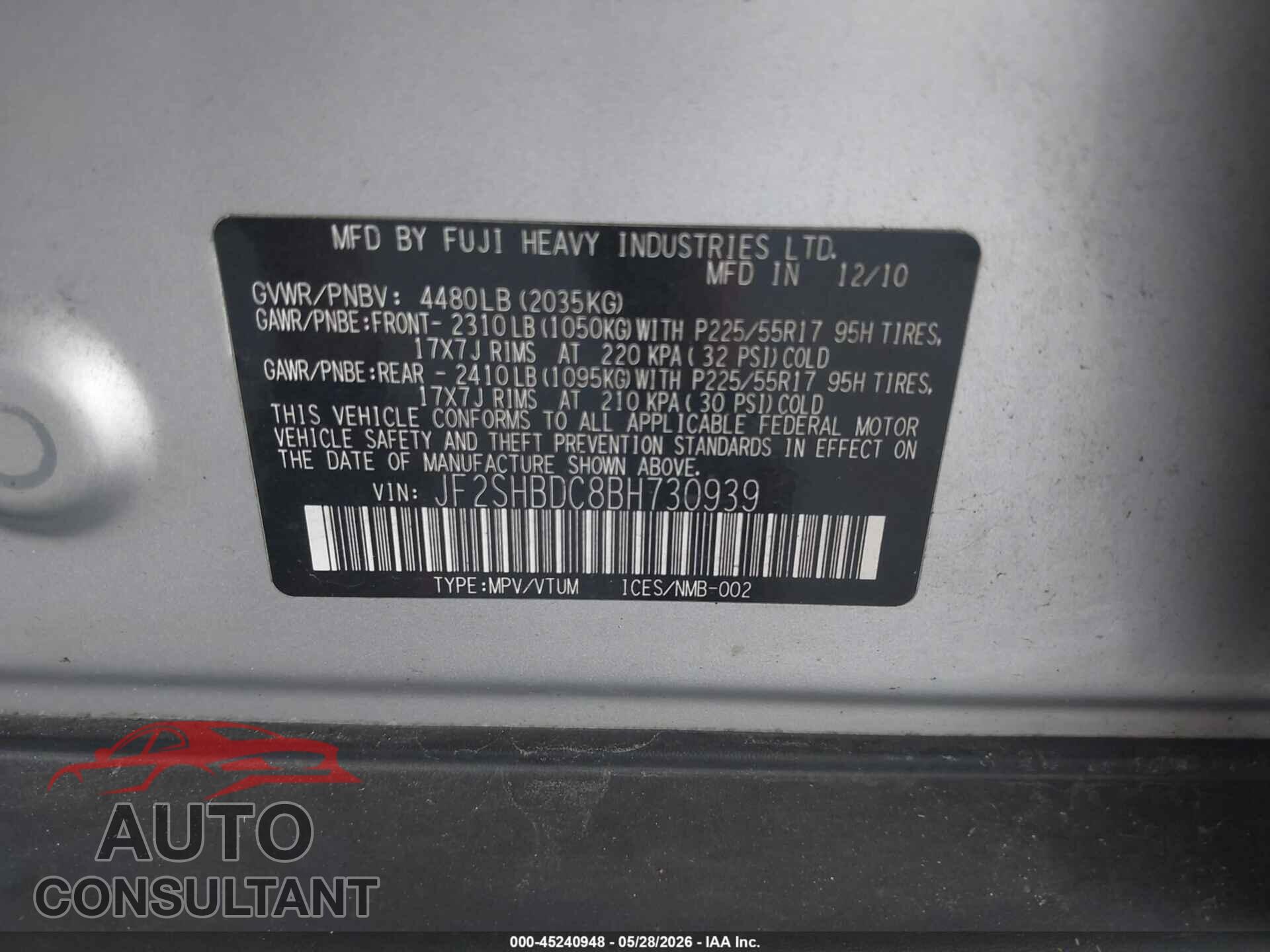 SUBARU FORESTER 2011 - JF2SHBDC8BH730939