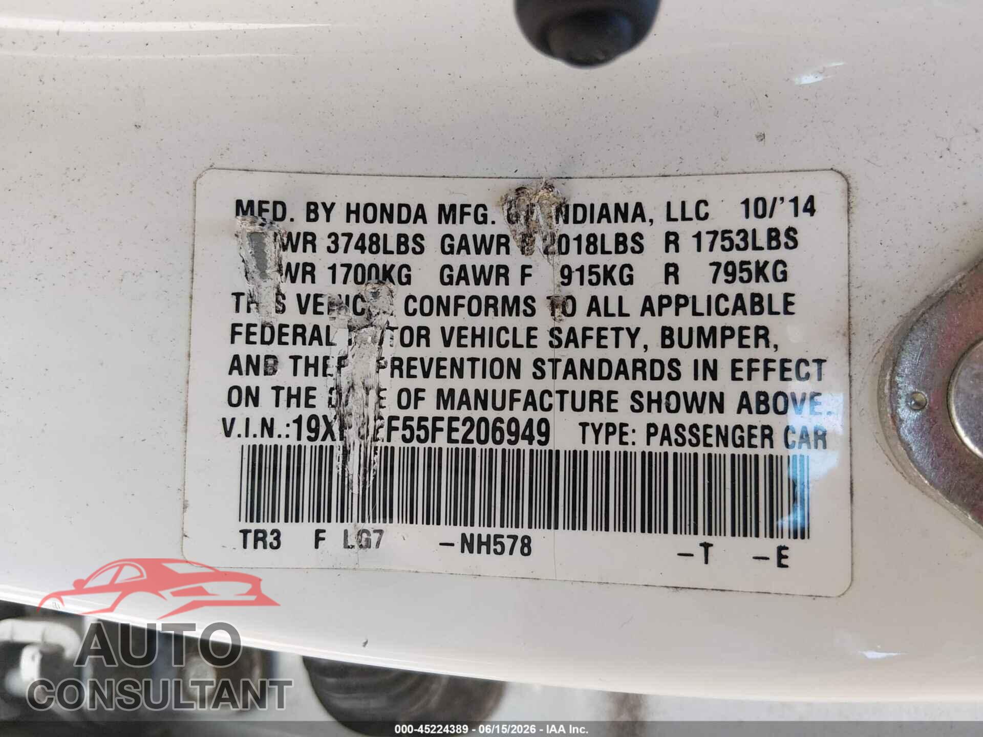 HONDA CIVIC 2015 - 19XFB2F55FE206949