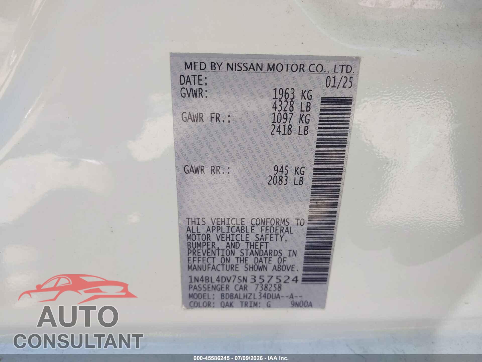 NISSAN ALTIMA 2025 - 1N4BL4DV7SN357524