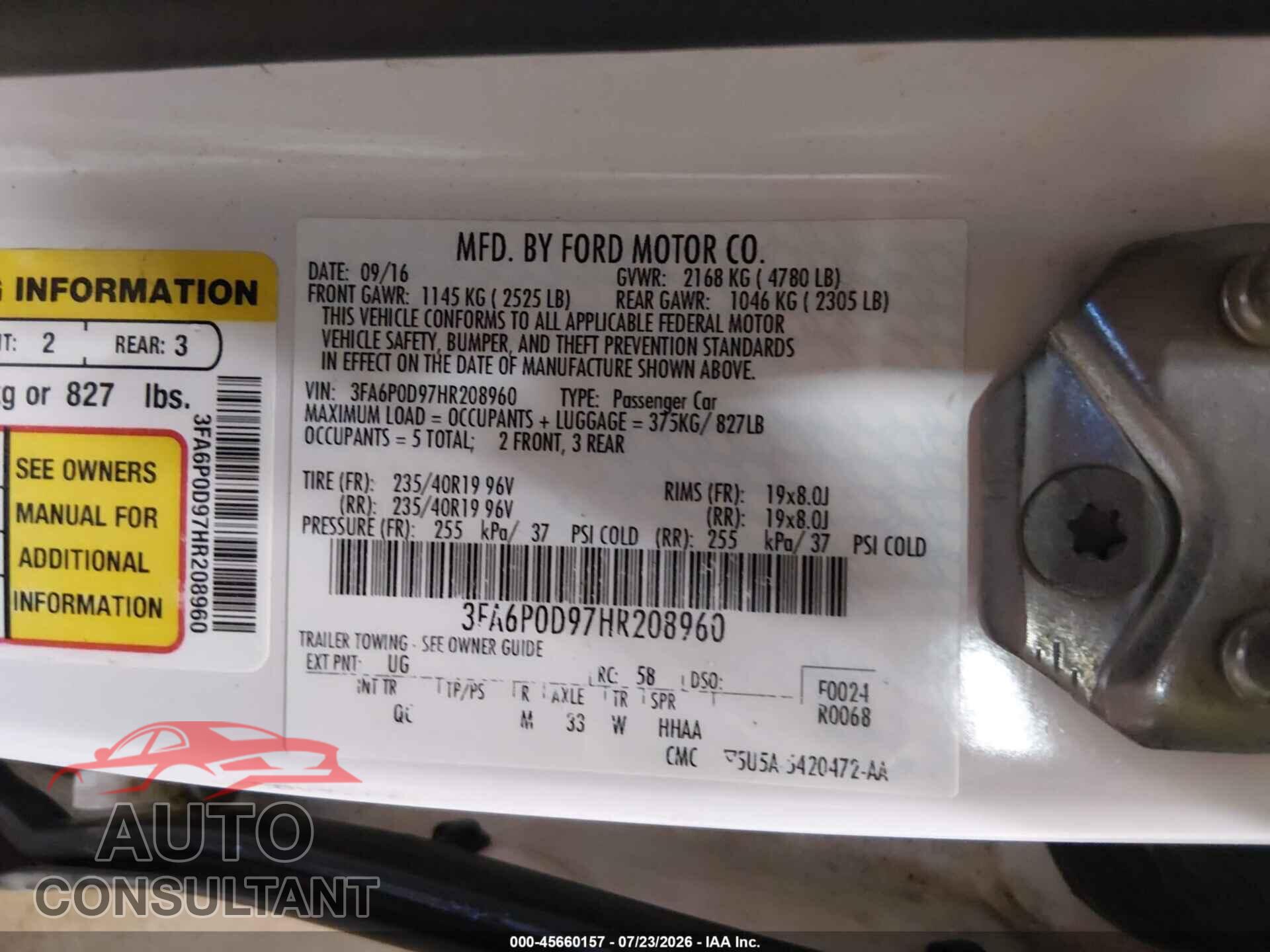 FORD FUSION 2017 - 3FA6P0D97HR208960
