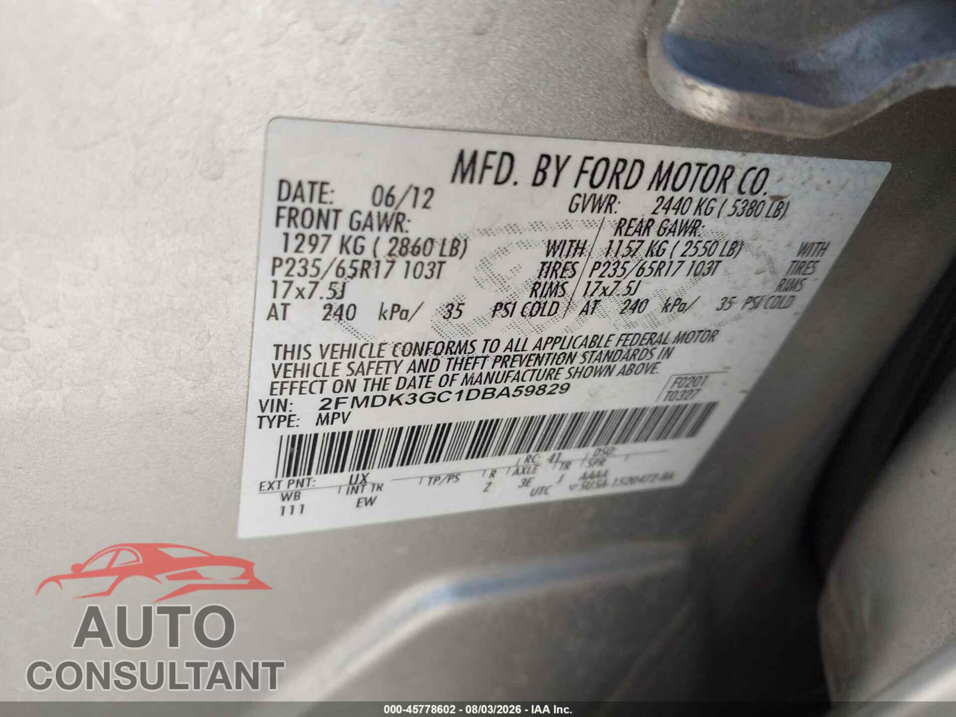 FORD EDGE 2013 - 2FMDK3GC1DBA59829