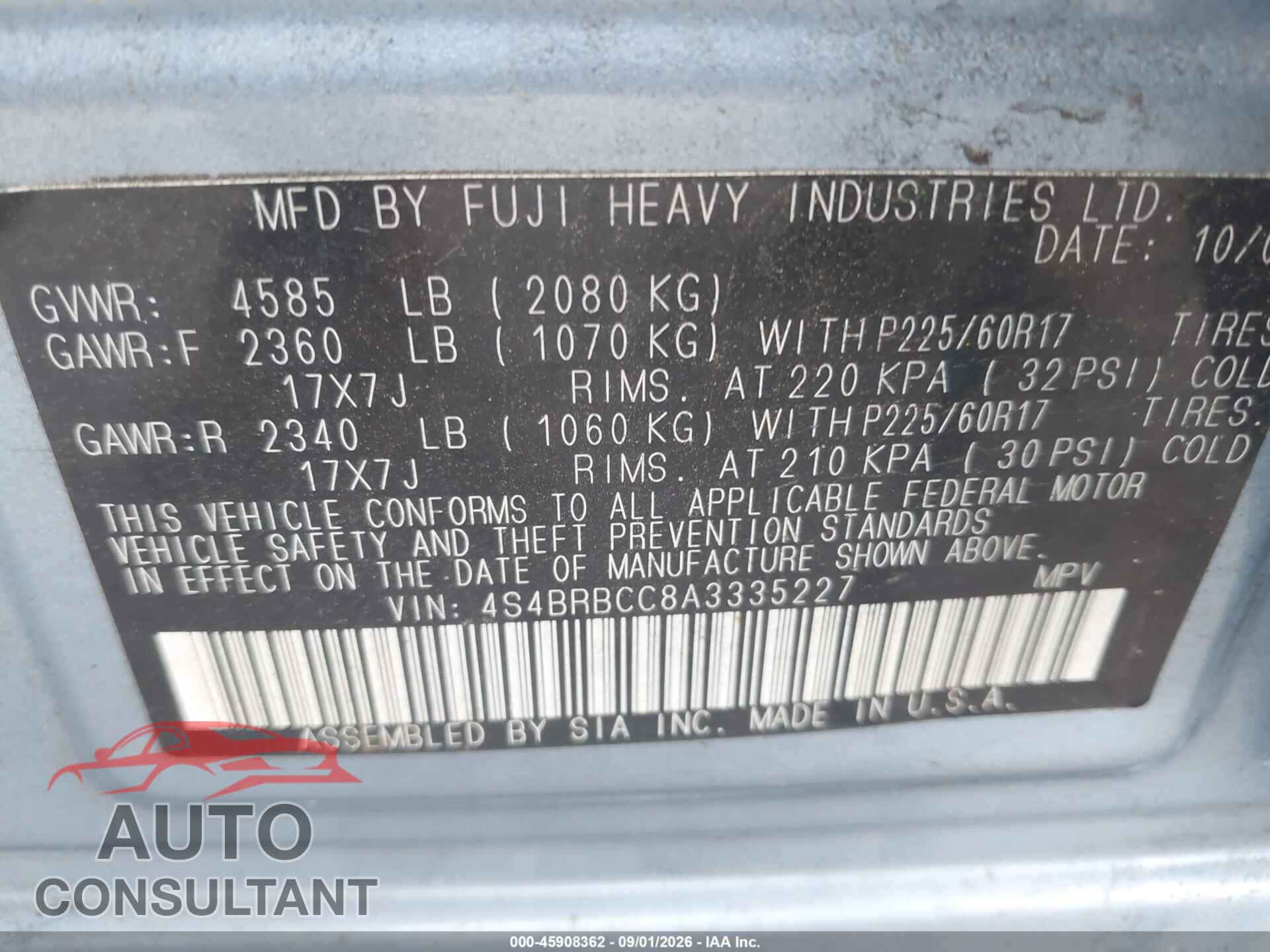 SUBARU OUTBACK 2010 - 4S4BRBCC8A3335227