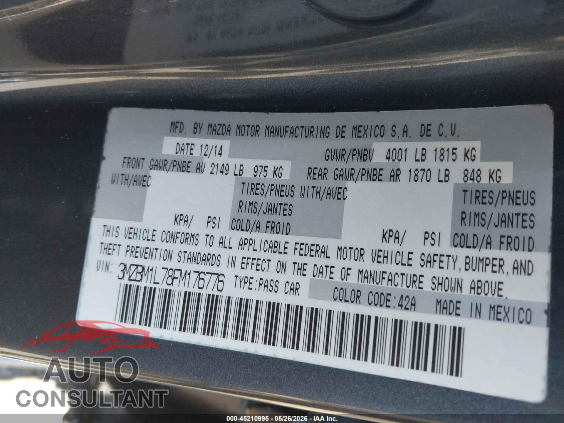 MAZDA MAZDA3 2015 - 3MZBM1L78FM176776