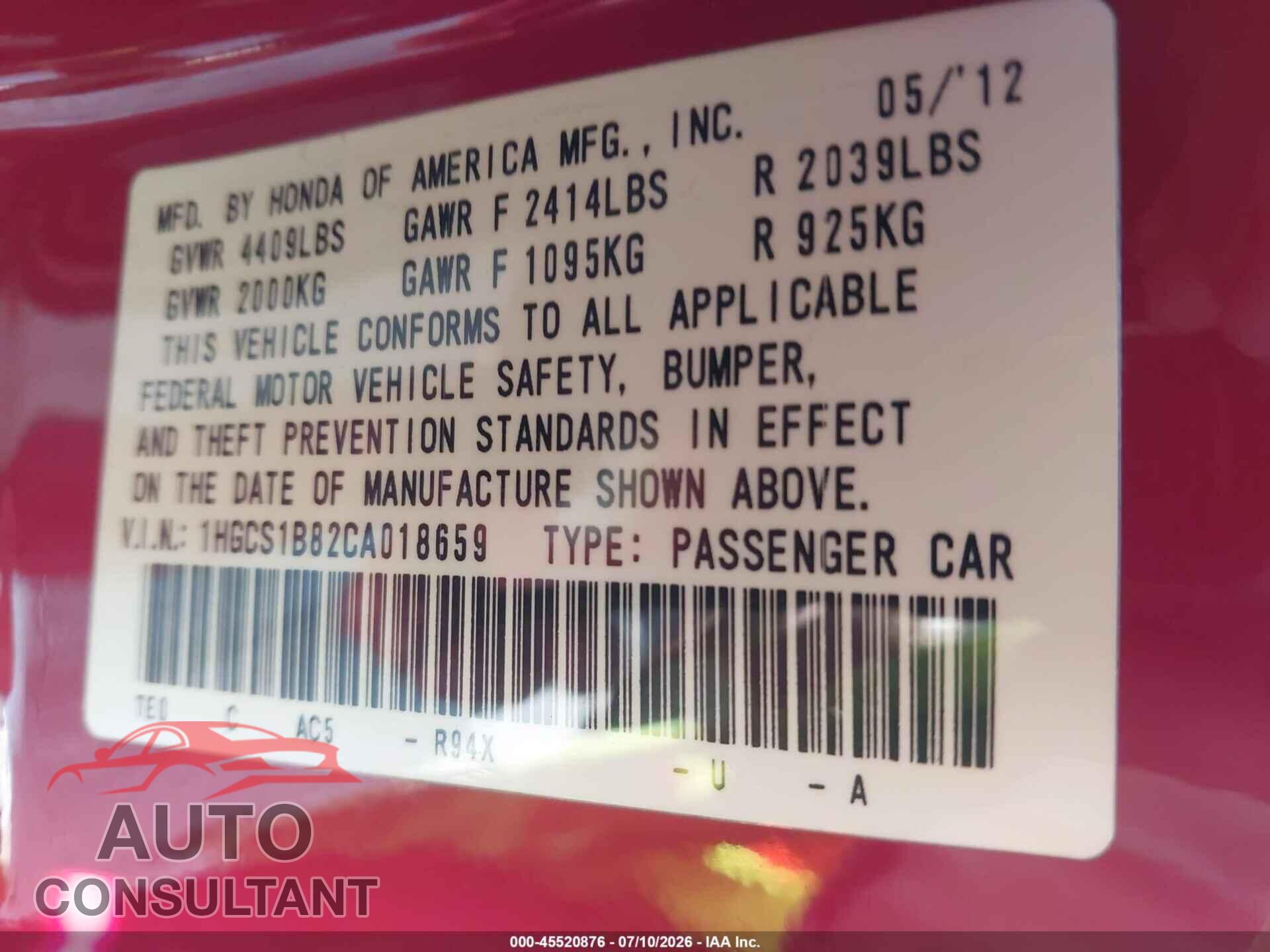 HONDA ACCORD 2012 - 1HGCS1B82CA018659