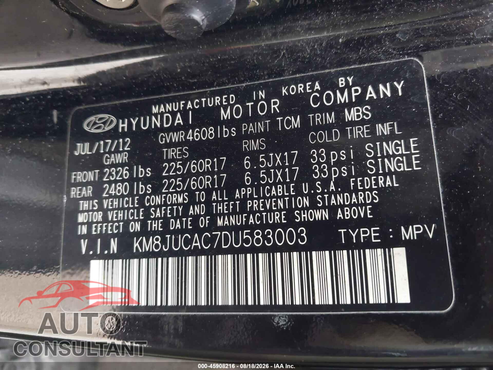 HYUNDAI TUCSON 2013 - KM8JUCAC7DU583003