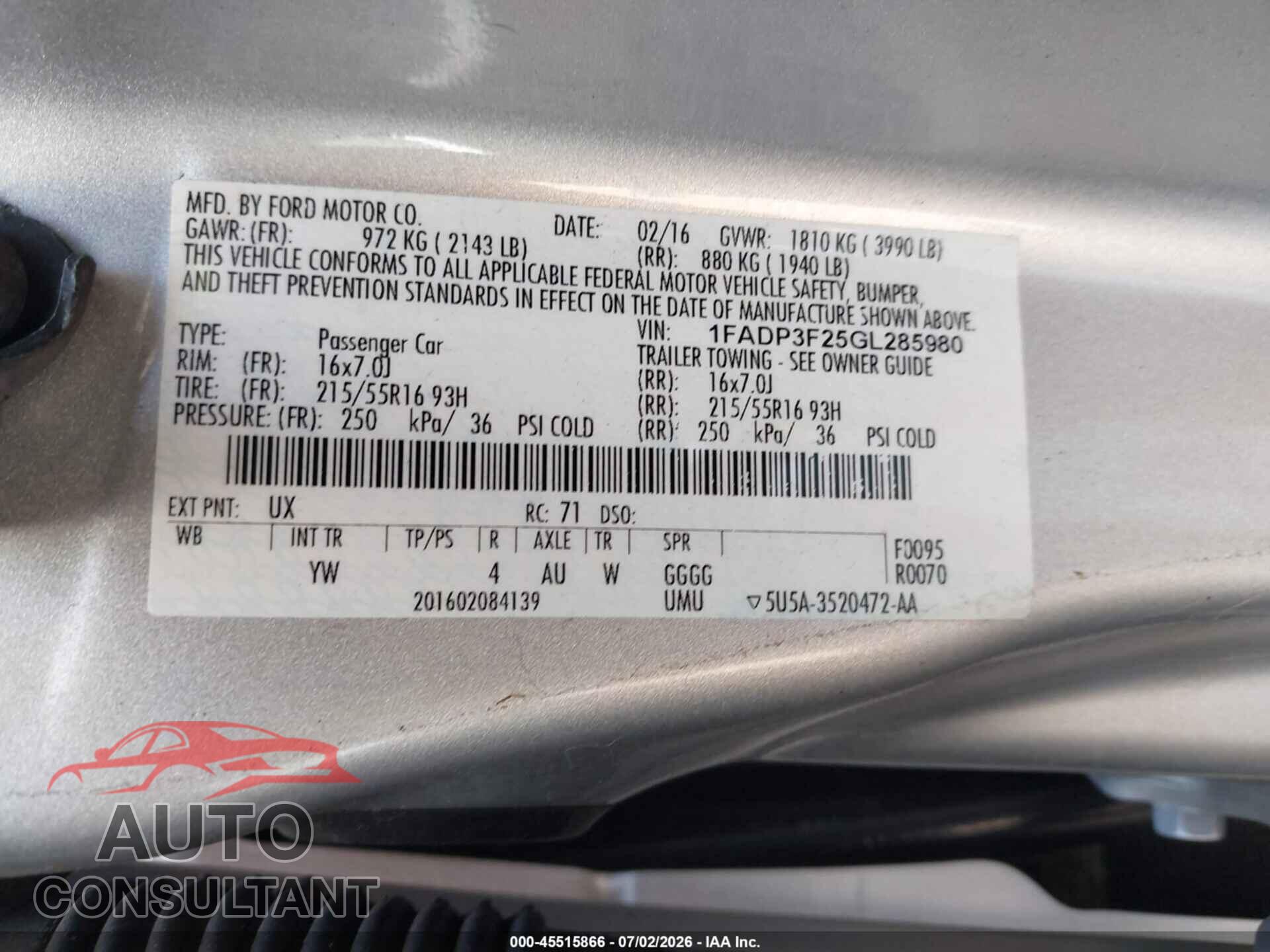 FORD FOCUS 2016 - 1FADP3F25GL285980