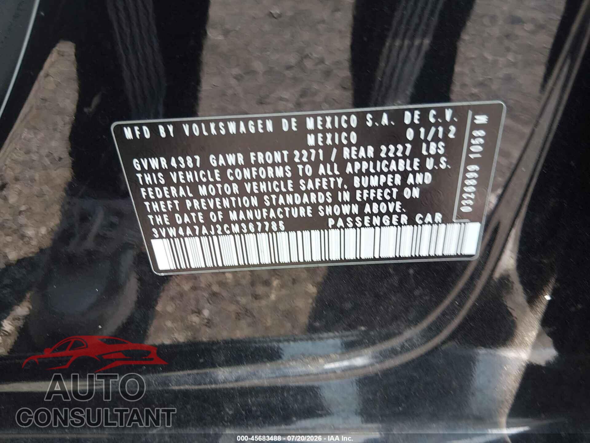 VOLKSWAGEN JETTA 2012 - 3VW4A7AJ2CM367785