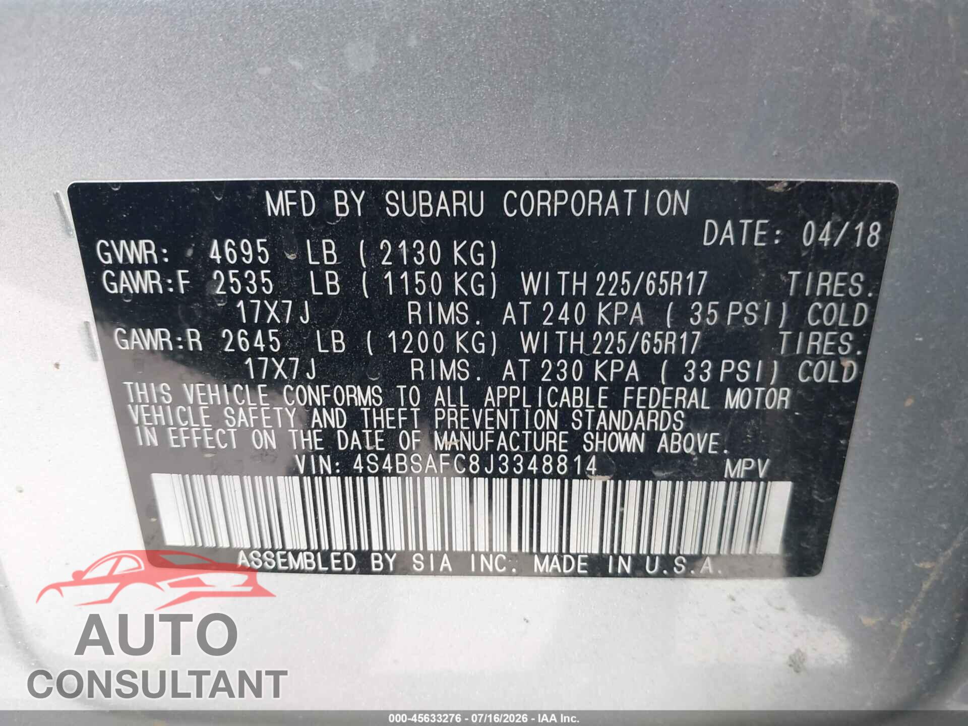 SUBARU OUTBACK 2018 - 4S4BSAFC8J3348814