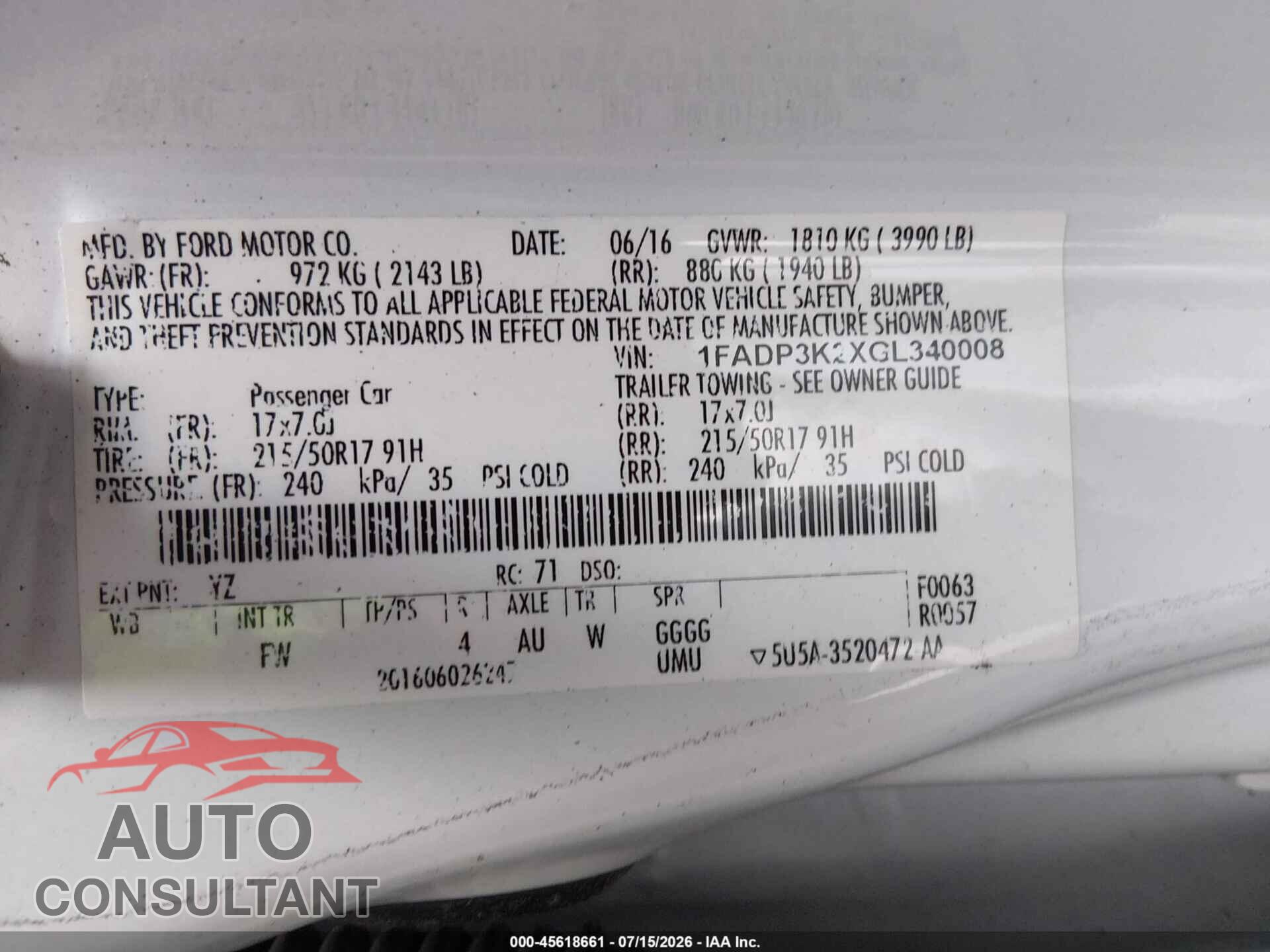 FORD FOCUS 2016 - 1FADP3K2XGL340008