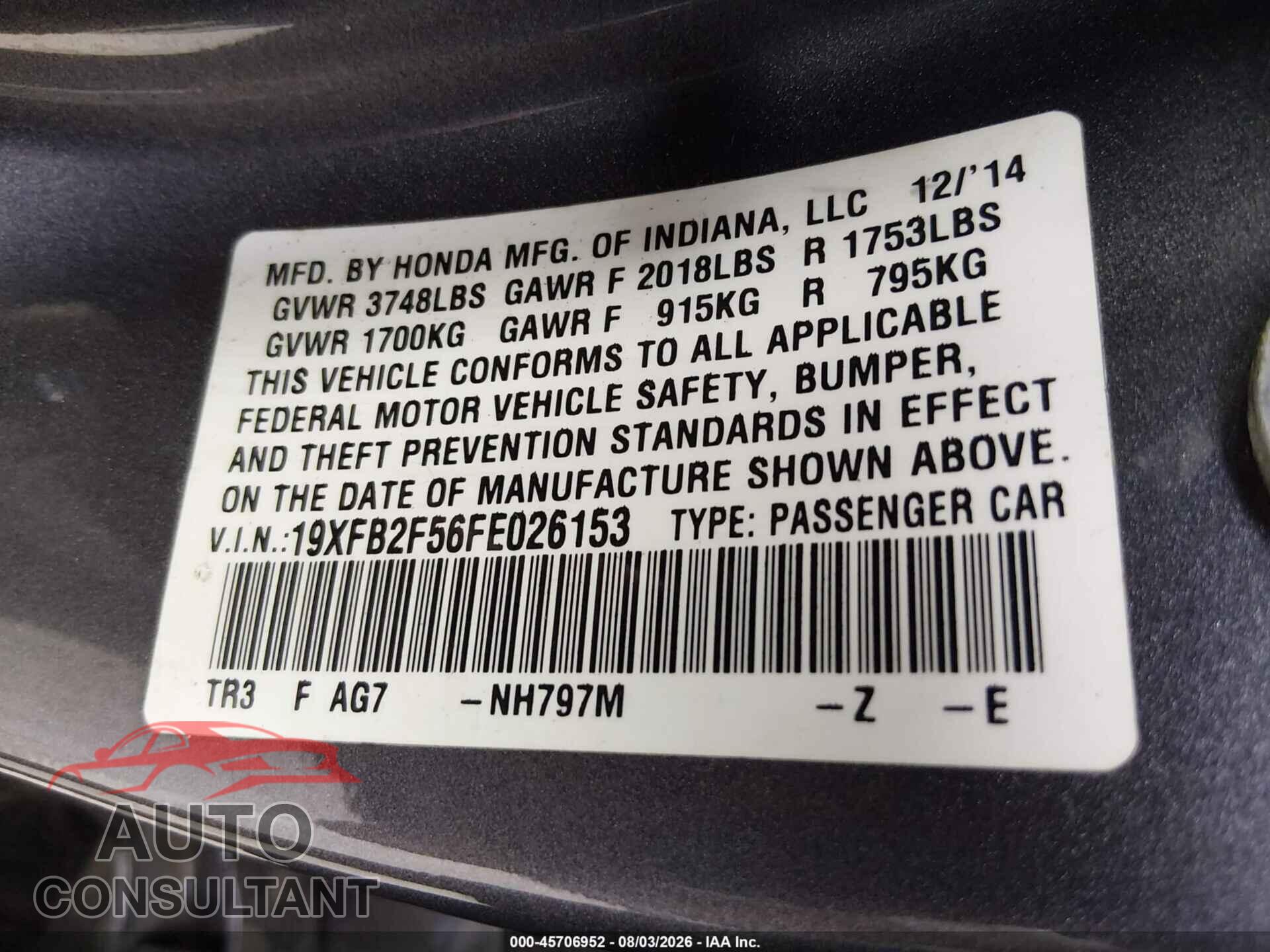 HONDA CIVIC 2015 - 19XFB2F56FE026153