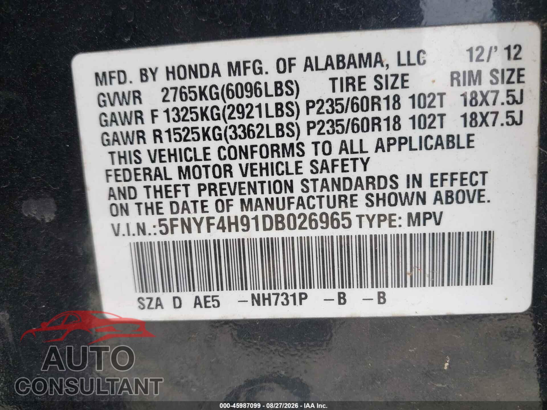 HONDA PILOT 2013 - 5FNYF4H91DB026965