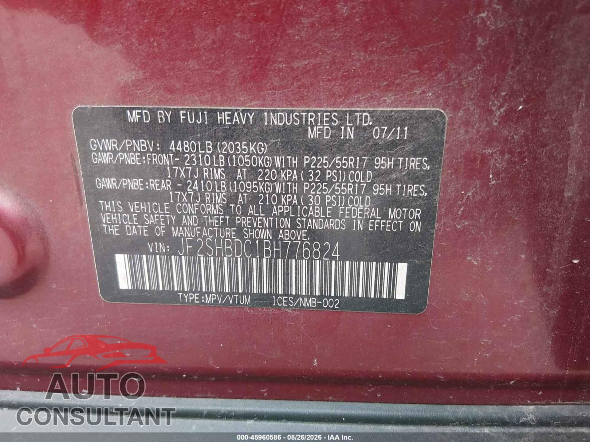 SUBARU FORESTER 2011 - JF2SHBDC1BH776824