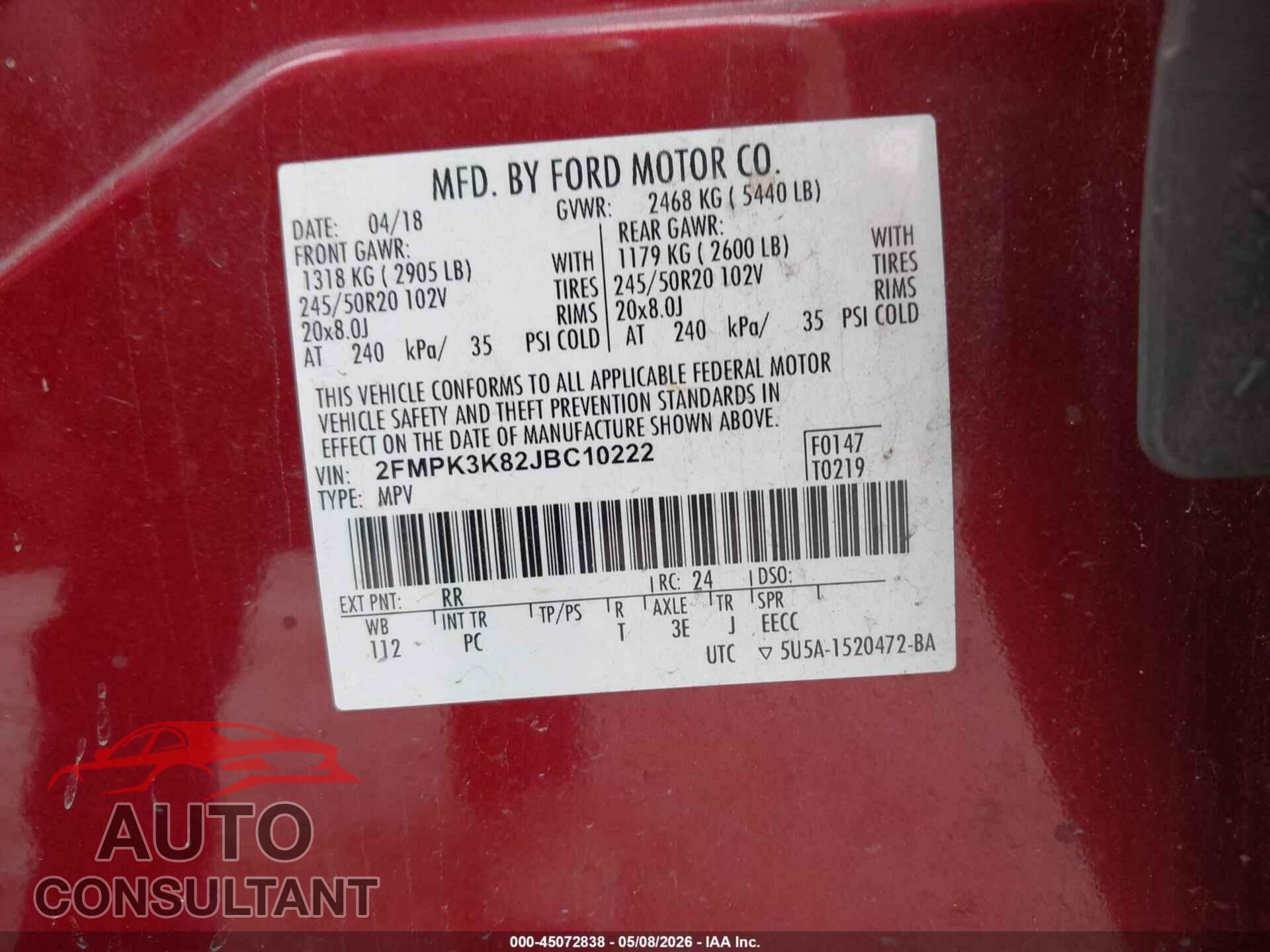 FORD EDGE 2018 - 2FMPK3K82JBC10222