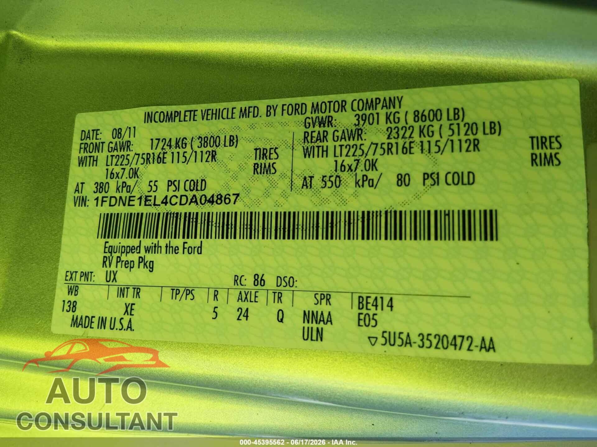 FORD E-150 2012 - 1FDNE1EL4CDA04867