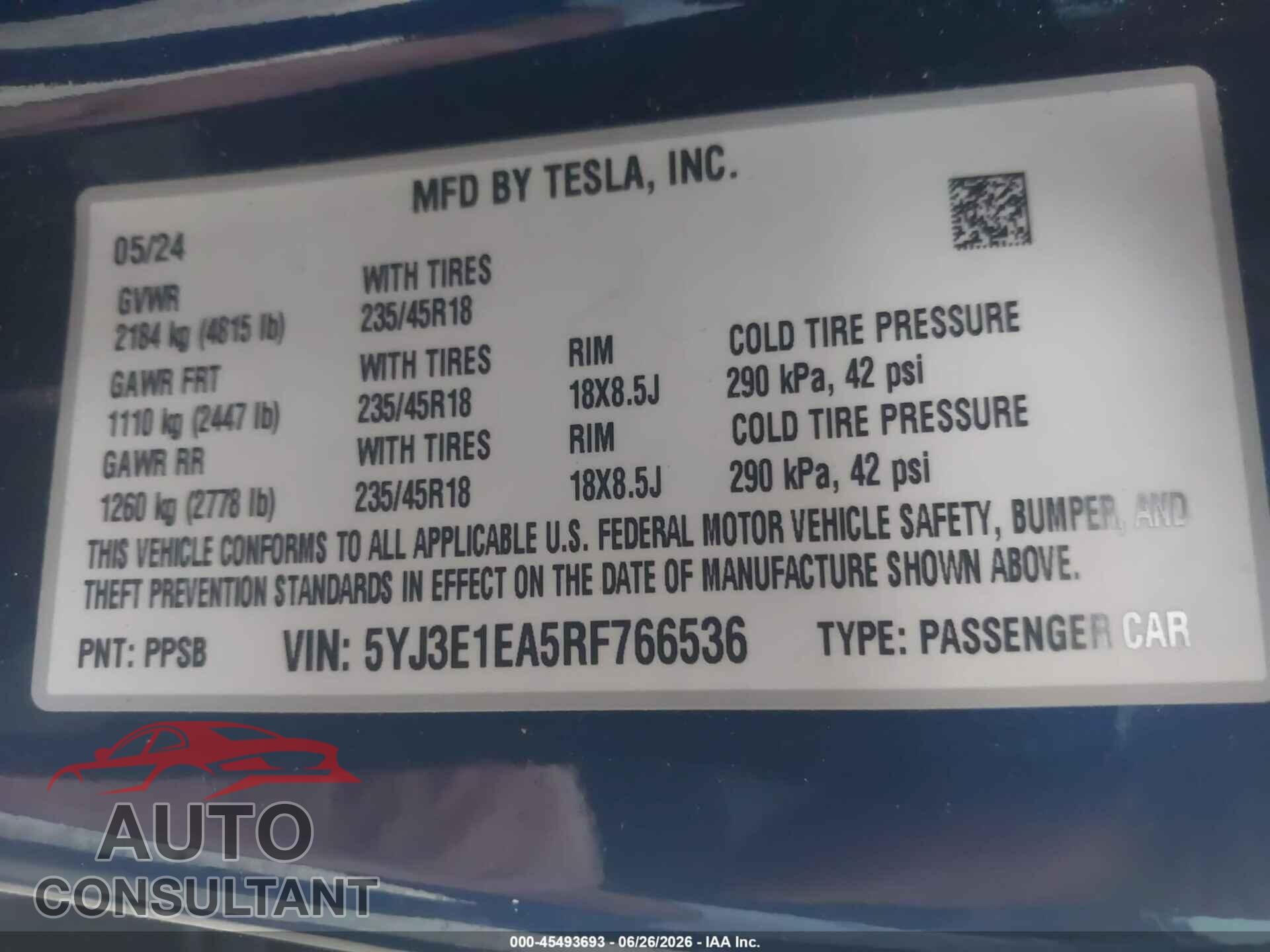 TESLA MODEL 3 2024 - 5YJ3E1EA5RF766536