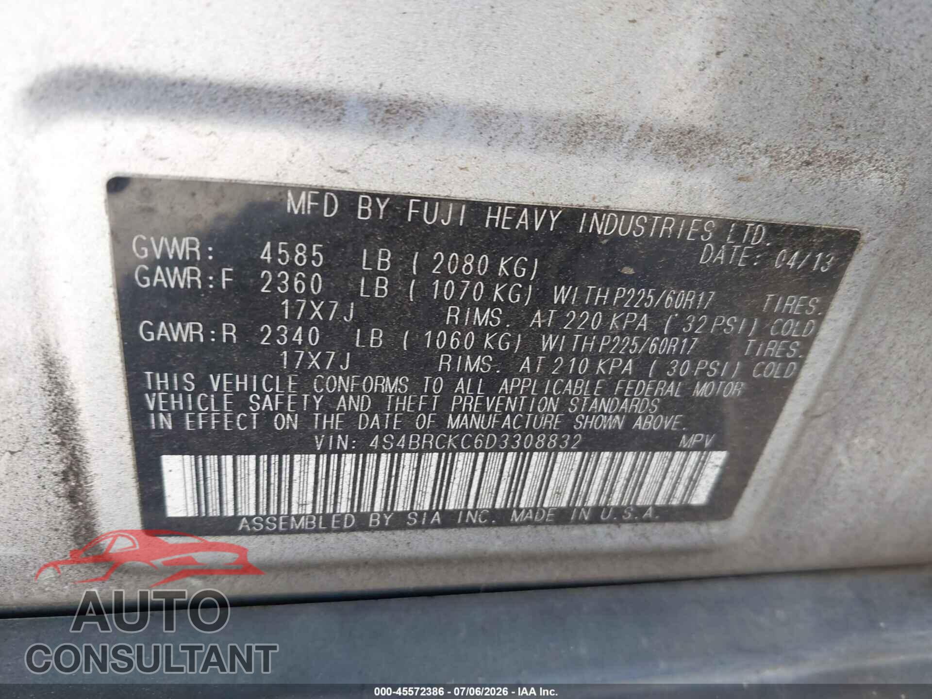 SUBARU OUTBACK 2013 - 4S4BRCKC6D3308832