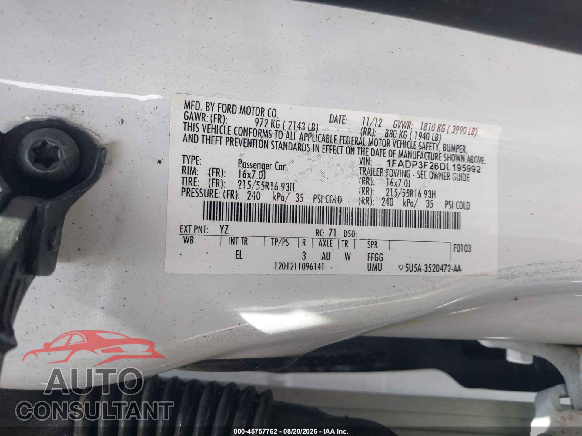 FORD FOCUS 2013 - 1FADP3F26DL195992