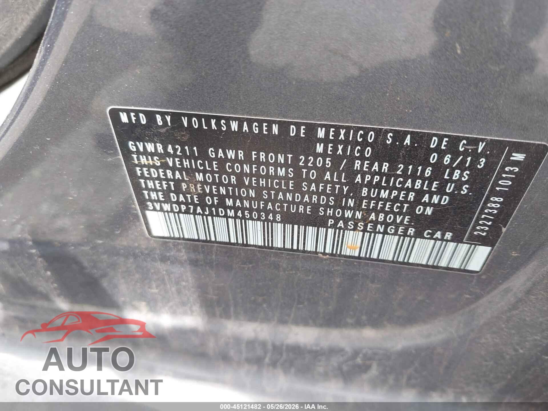VOLKSWAGEN JETTA 2013 - 3VWDP7AJ1DM450348
