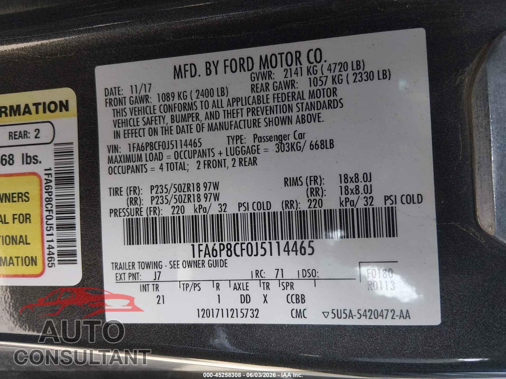 FORD MUSTANG 2018 - 1FA6P8CF0J5114465