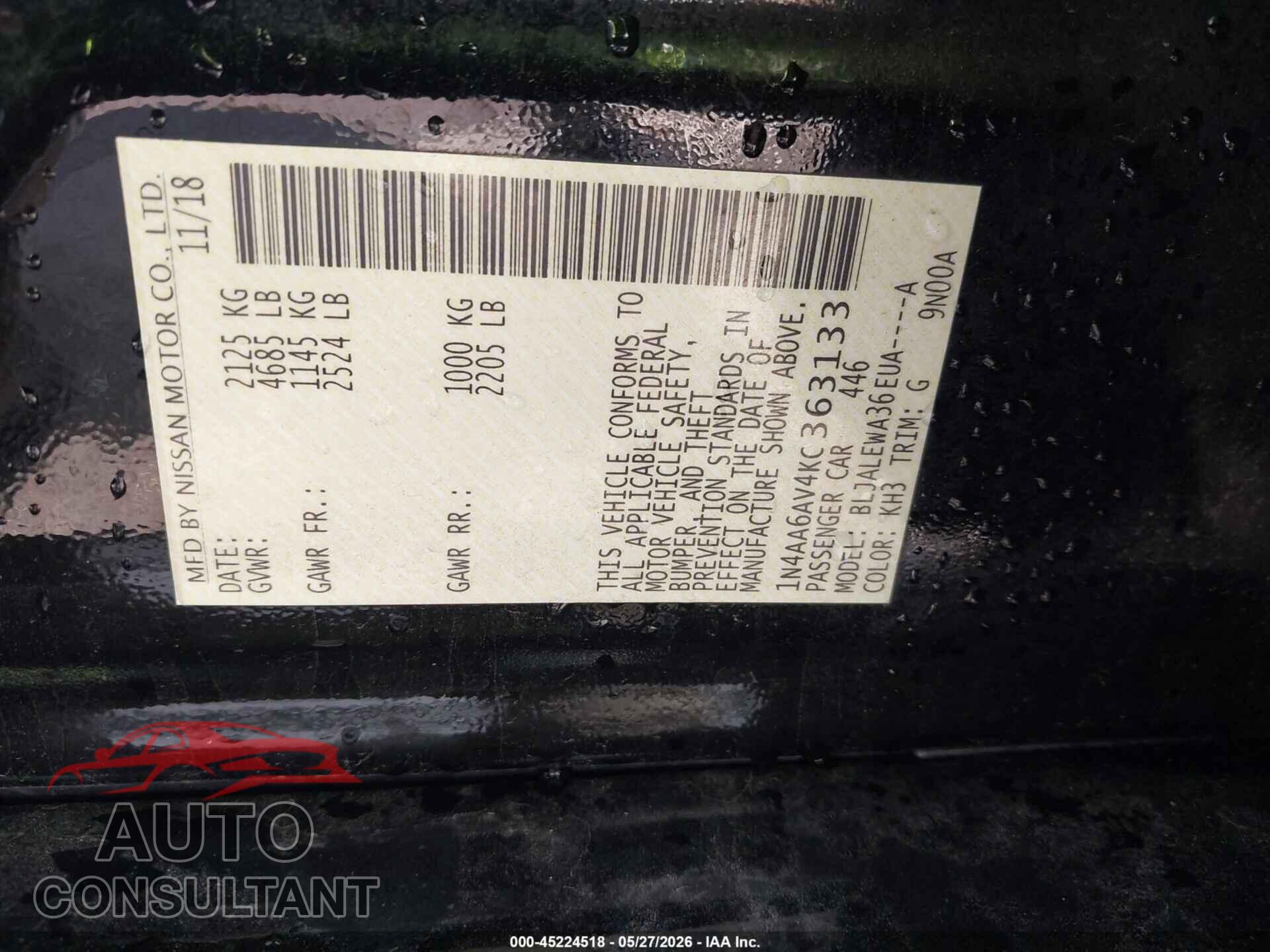 NISSAN MAXIMA 2019 - 1N4AA6AV4KC363133