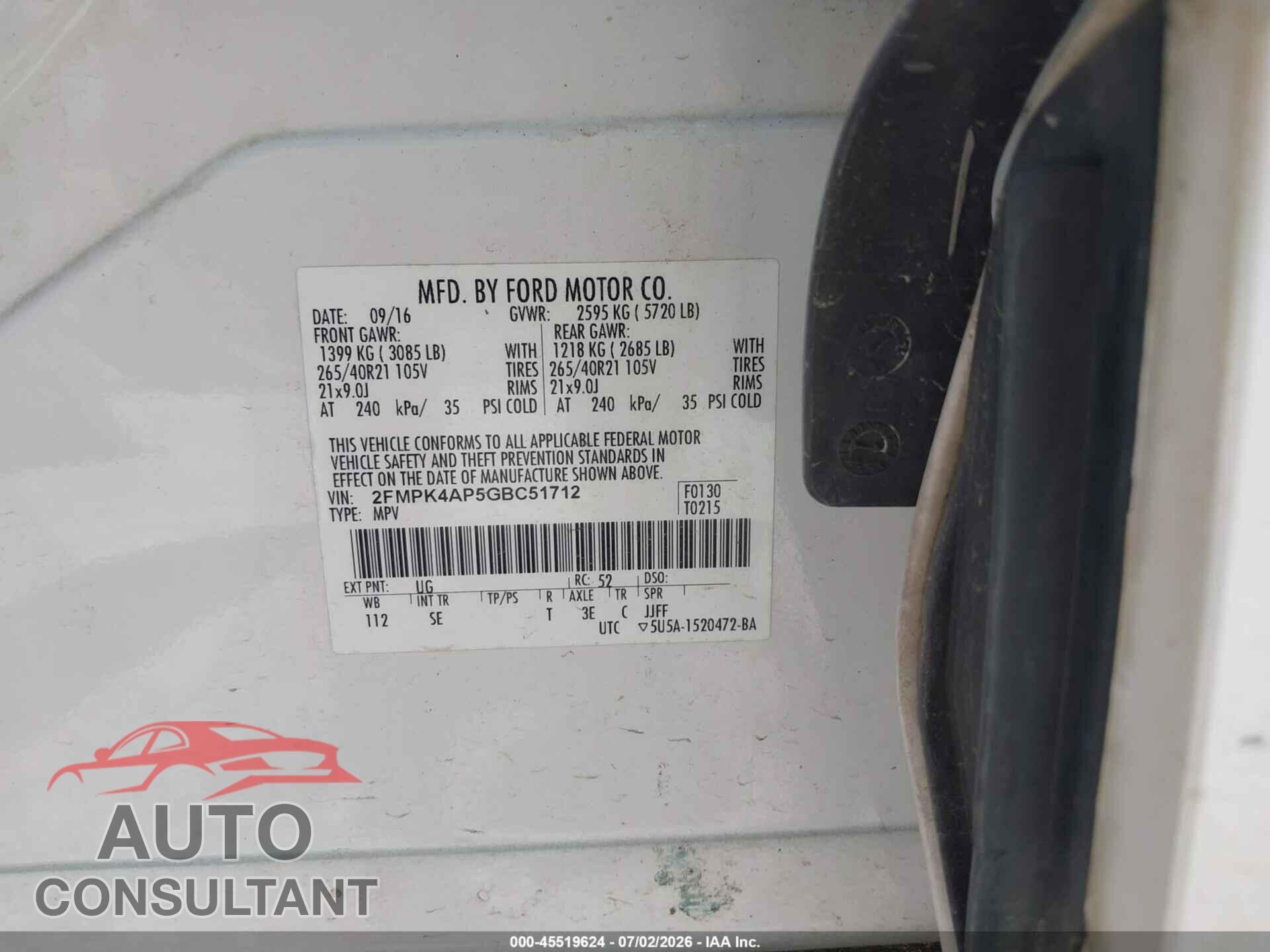 FORD EDGE 2016 - 2FMPK4AP5GBC51712