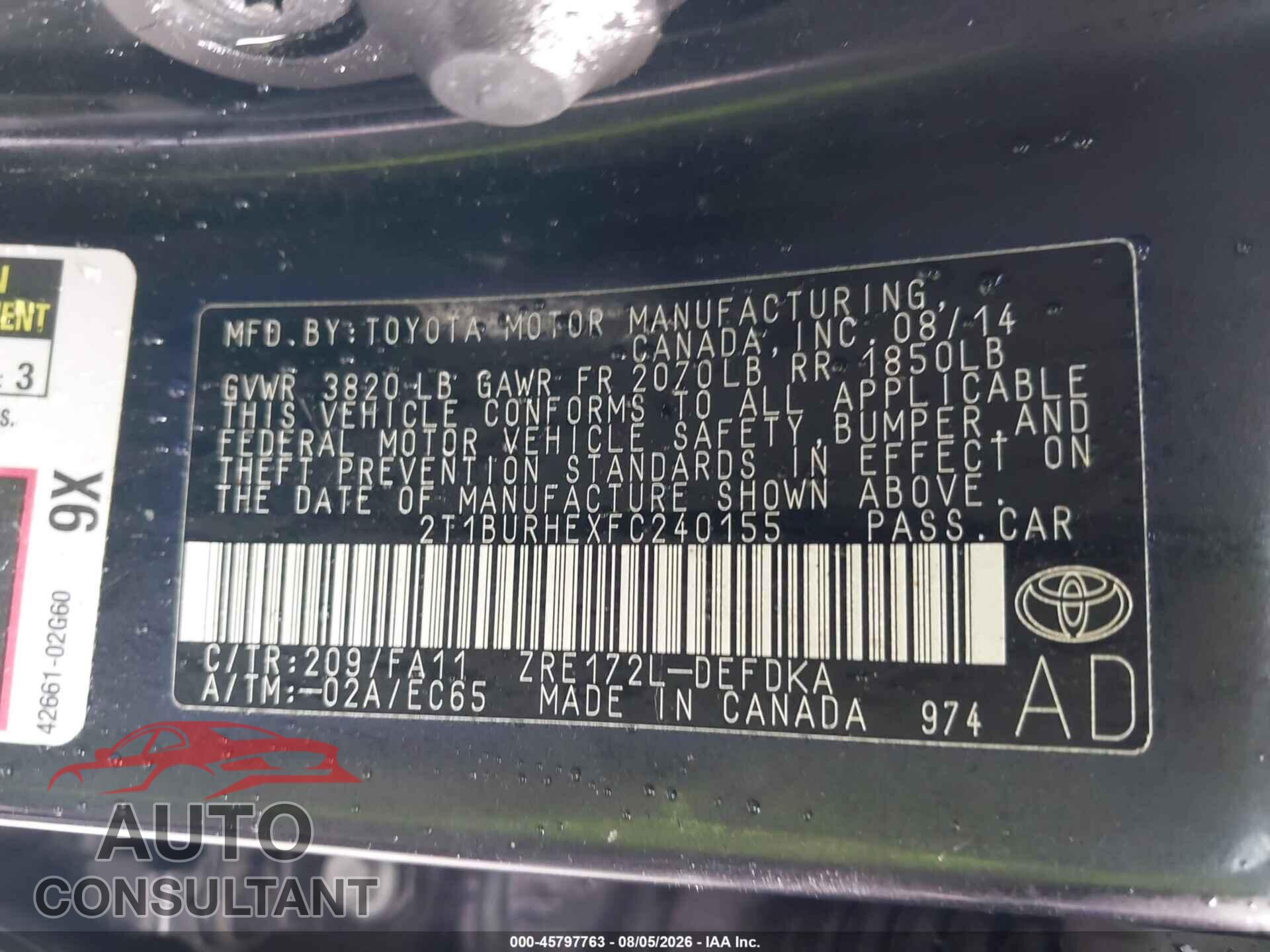 TOYOTA COROLLA 2015 - 2T1BURHEXFC240155