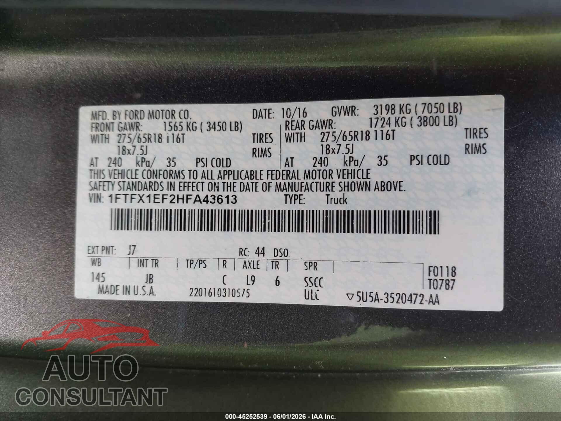 FORD F-150 2017 - 1FTFX1EF2HFA43613