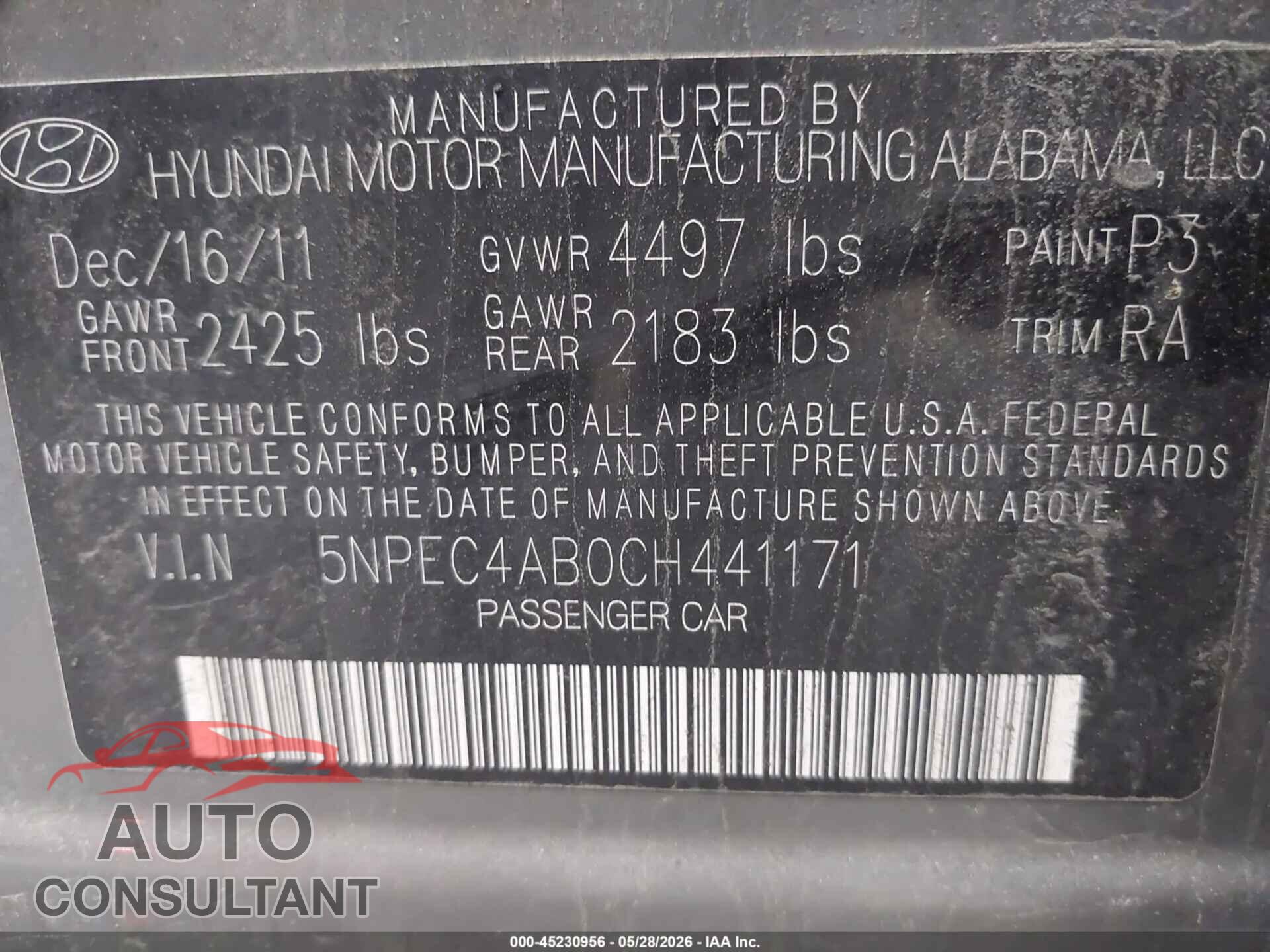 HYUNDAI SONATA 2012 - 5NPEC4AB0CH441171