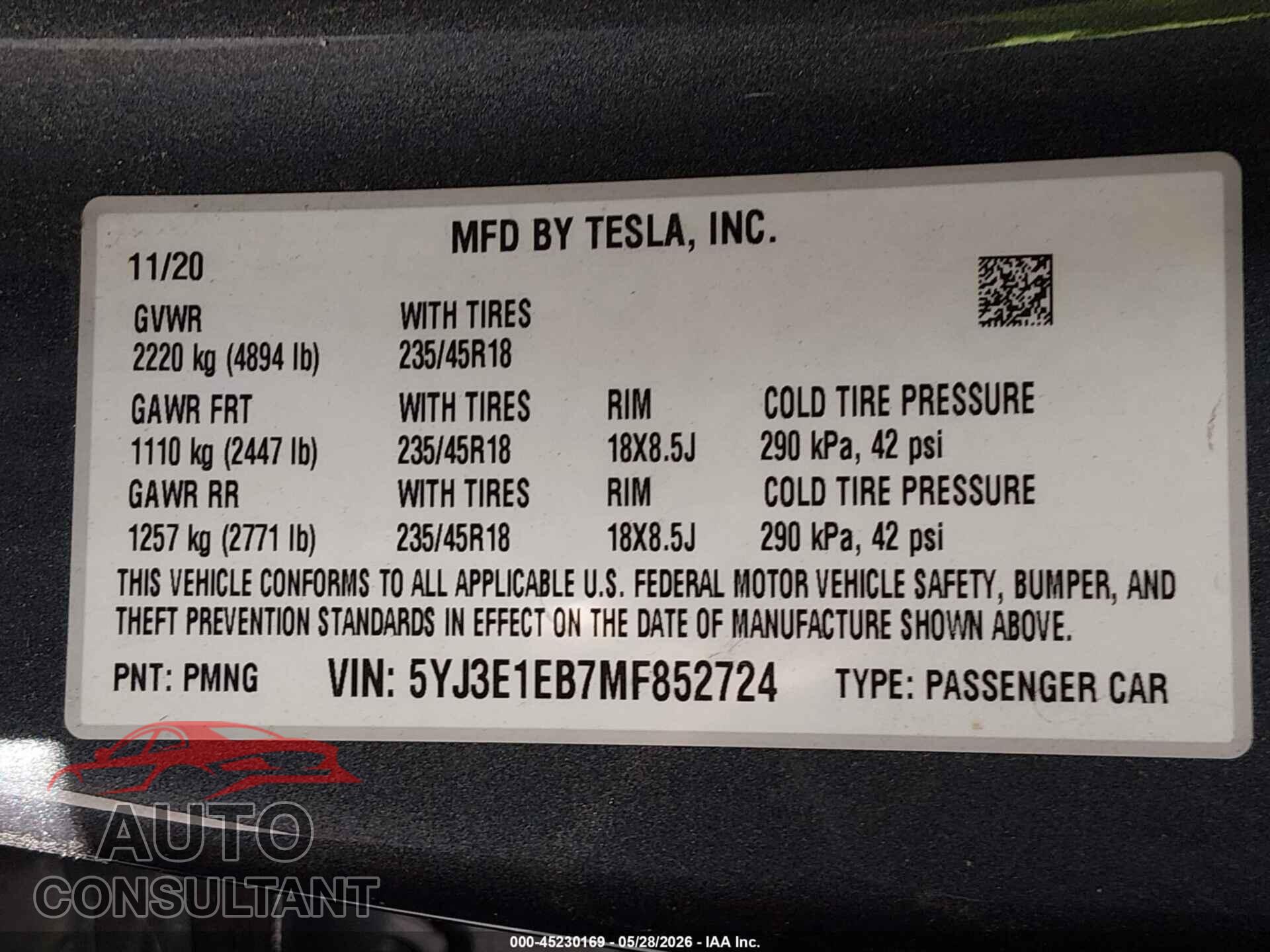 TESLA MODEL 3 2021 - 5YJ3E1EB7MF852724
