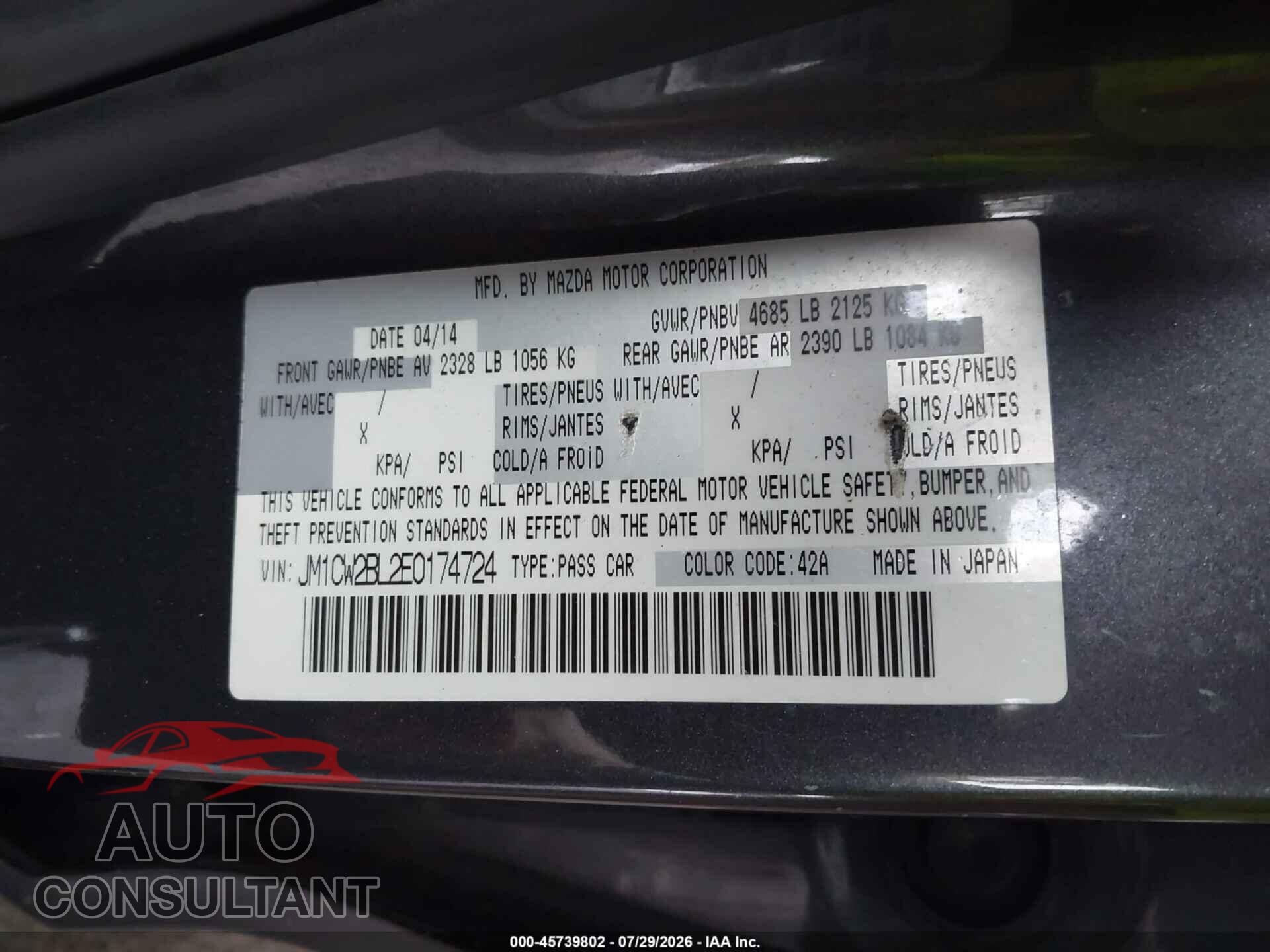 MAZDA MAZDA5 2014 - JM1CW2BL2E0174724