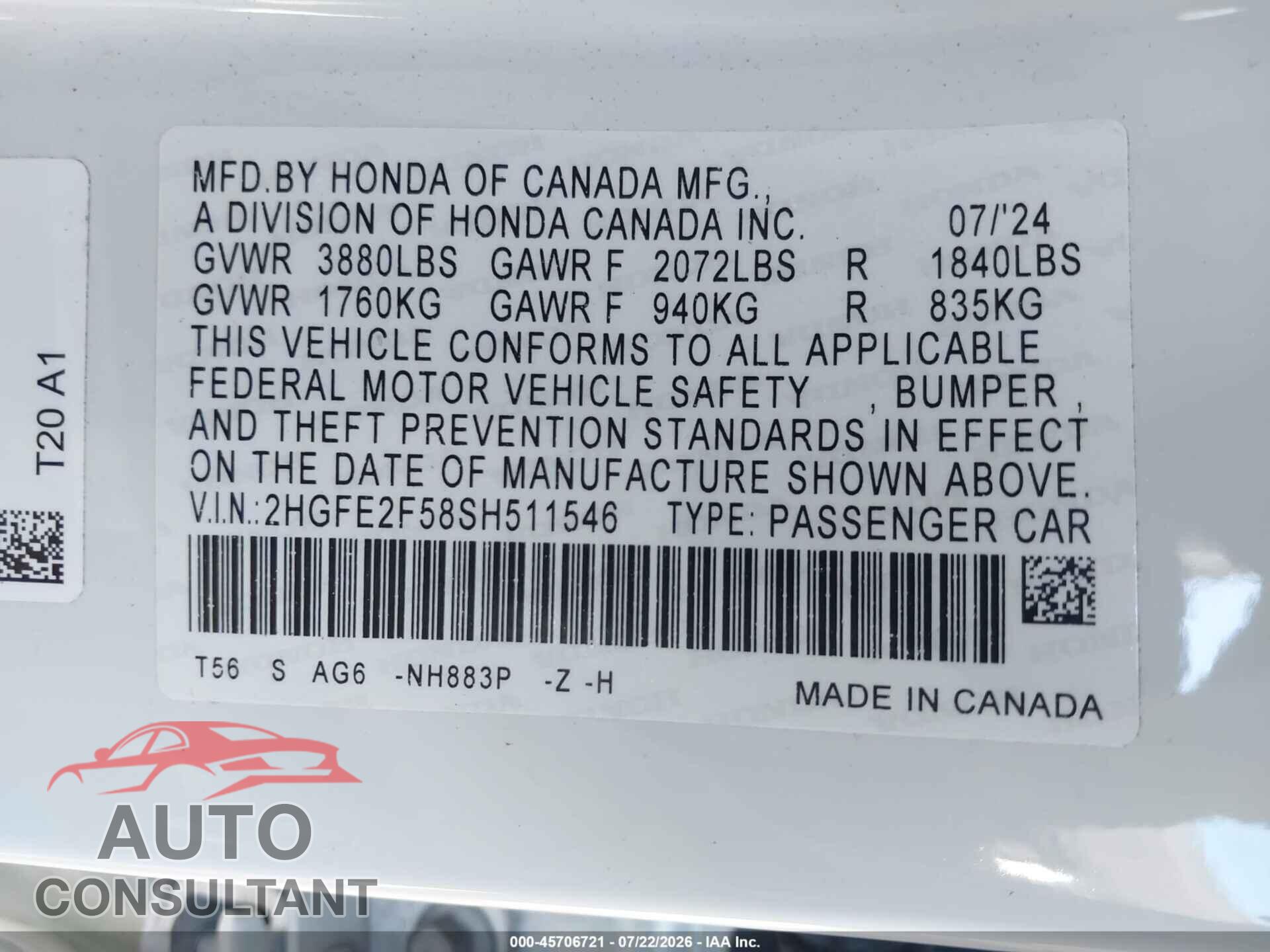 HONDA CIVIC 2025 - 2HGFE2F58SH511546
