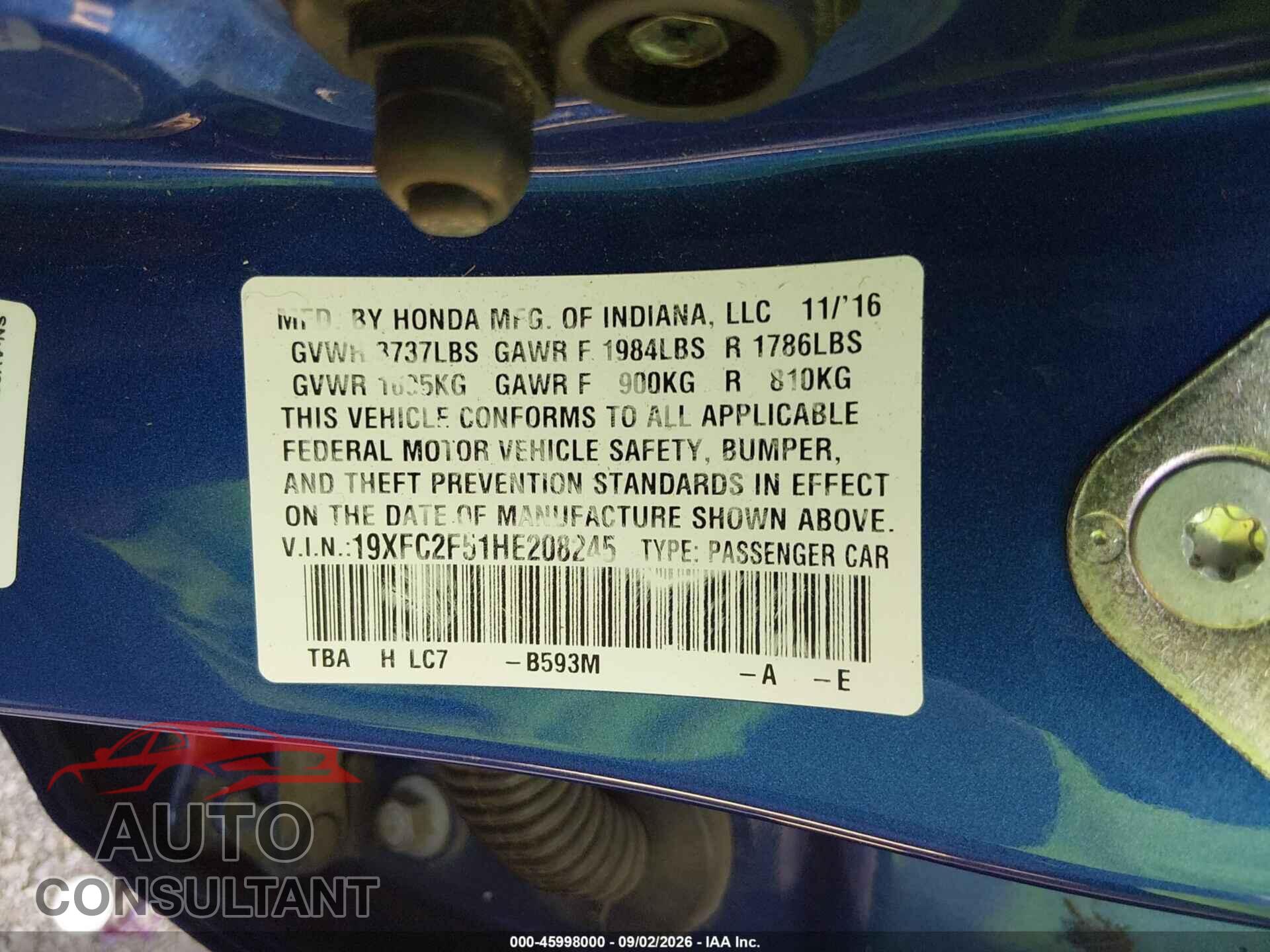 HONDA CIVIC 2017 - 19XFC2F51HE208245