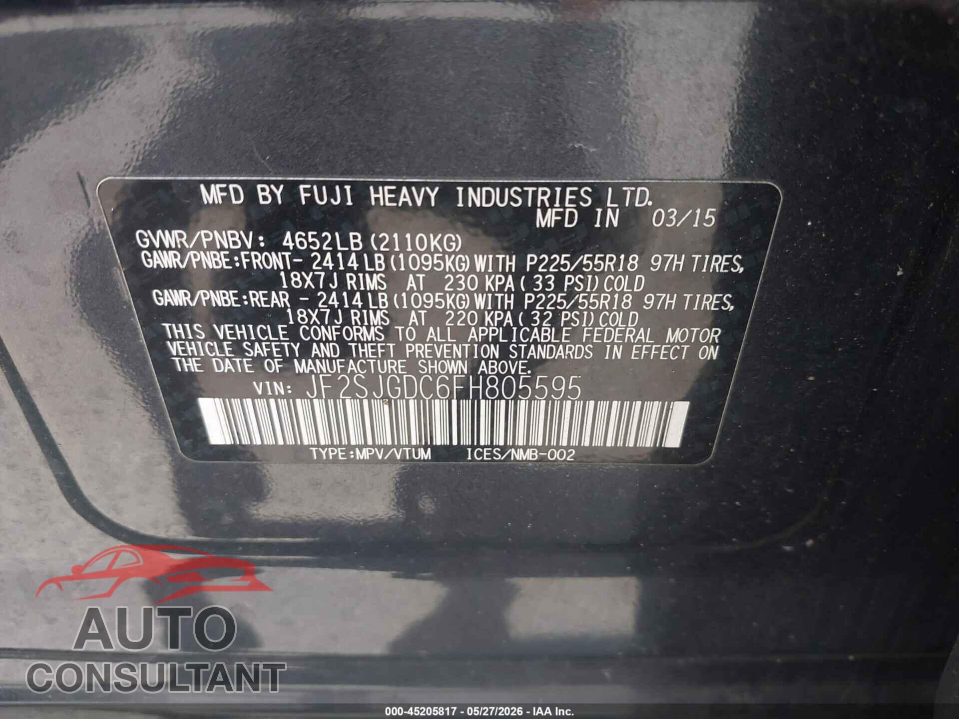 SUBARU FORESTER 2015 - JF2SJGDC6FH805595