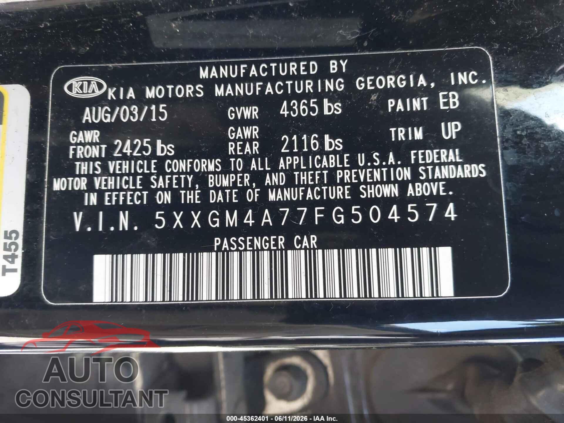 KIA OPTIMA 2015 - 5XXGM4A77FG504574