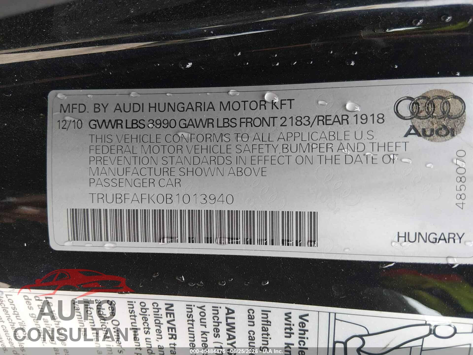 AUDI TT 2011 - TRUBFAFK0B1013940