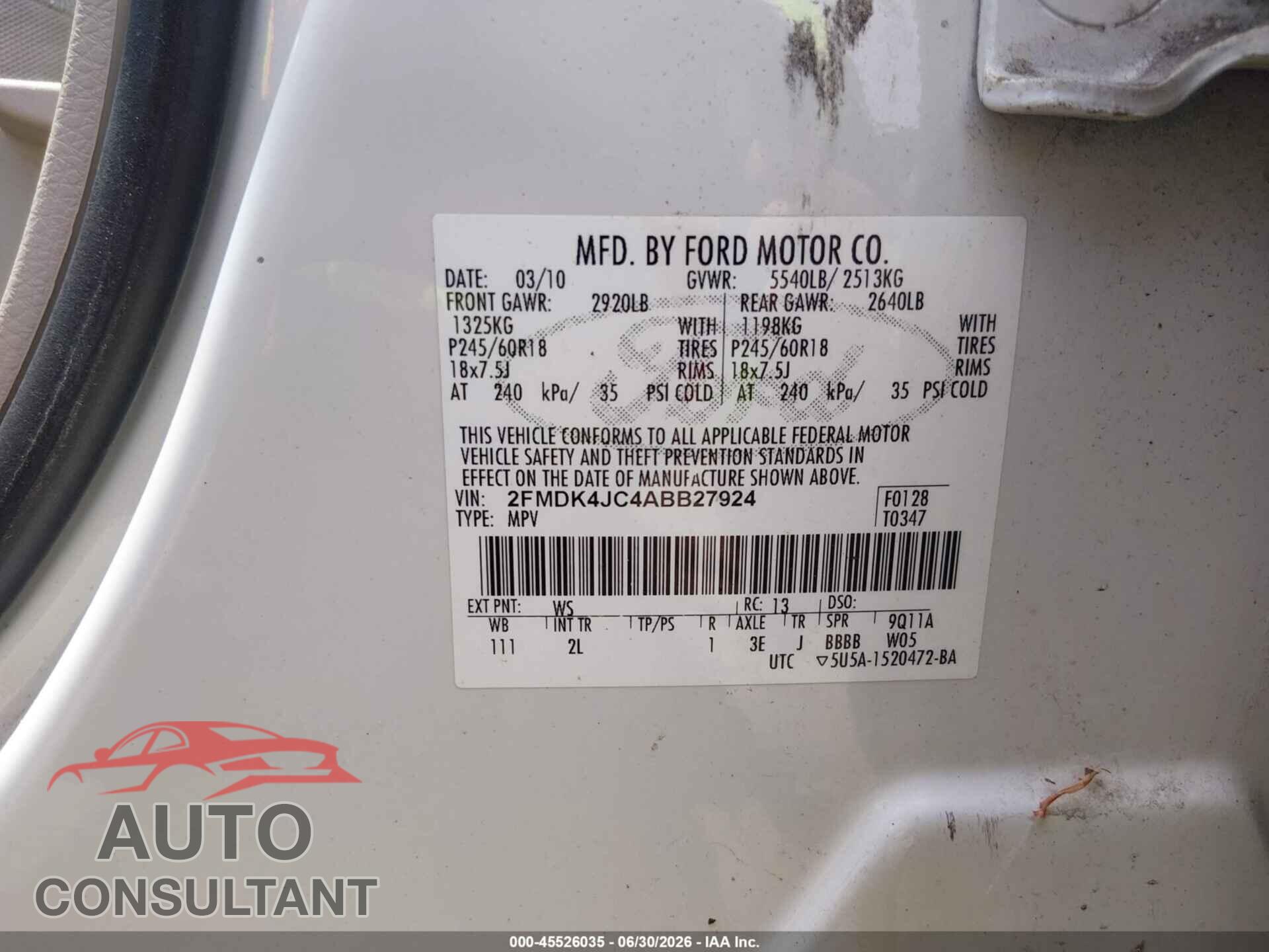 FORD EDGE 2010 - 2FMDK4JC4ABB27924