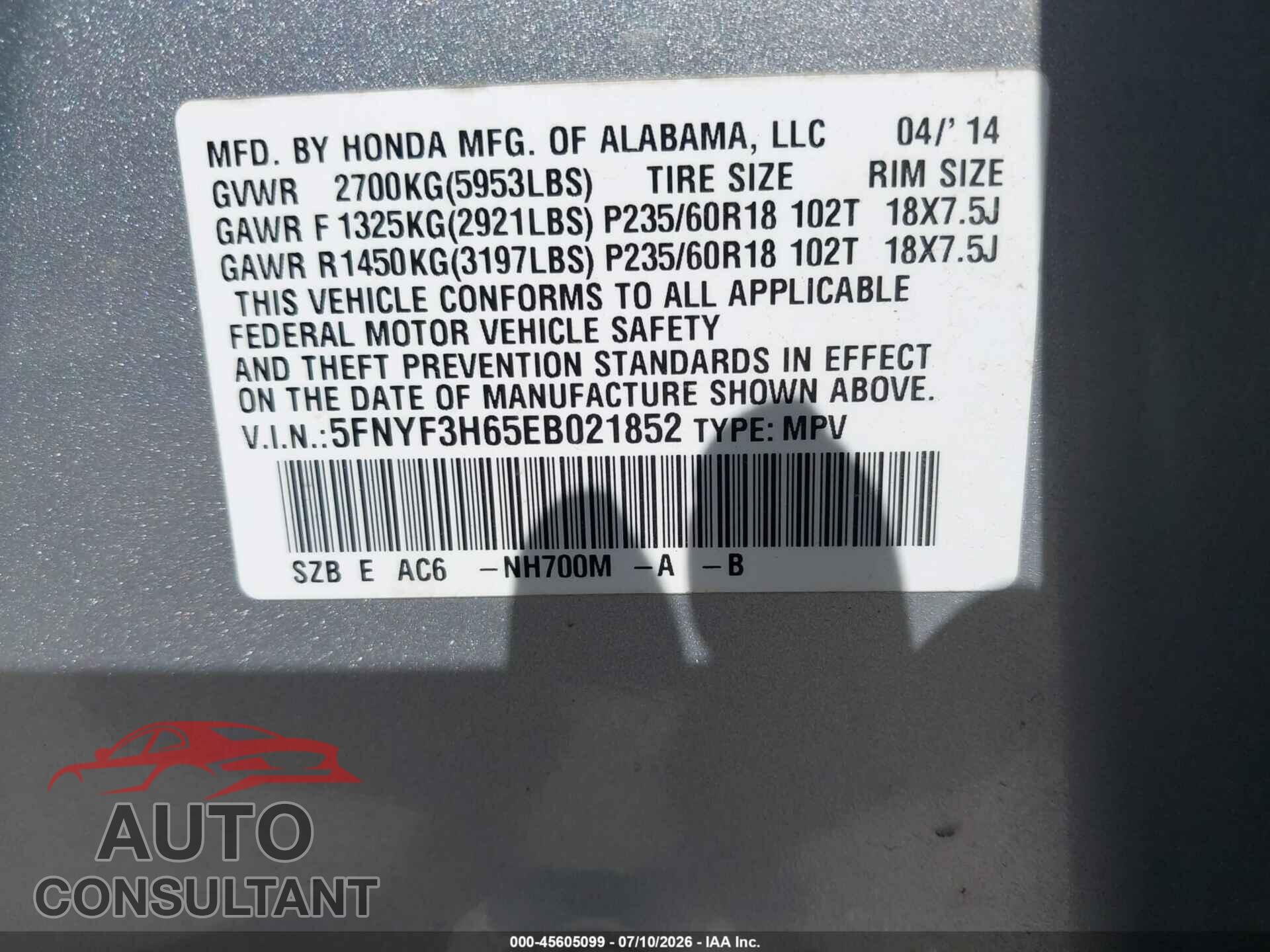 HONDA PILOT 2014 - 5FNYF3H65EB021852