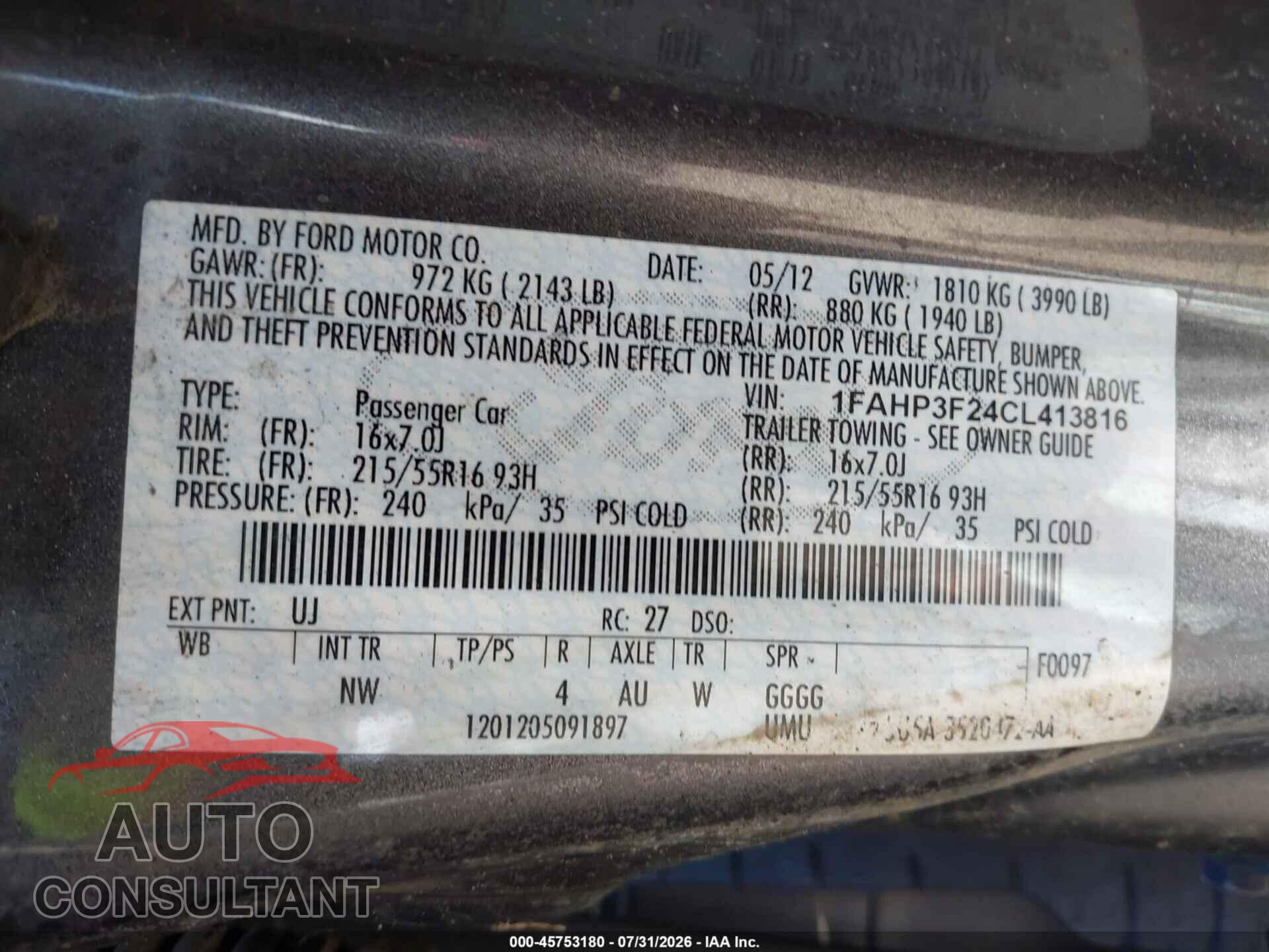 FORD FOCUS 2012 - 1FAHP3F24CL413816