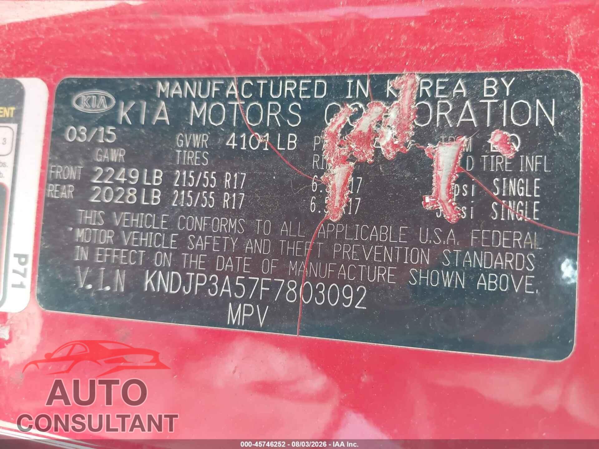 KIA SOUL 2015 - KNDJP3A57F7803092