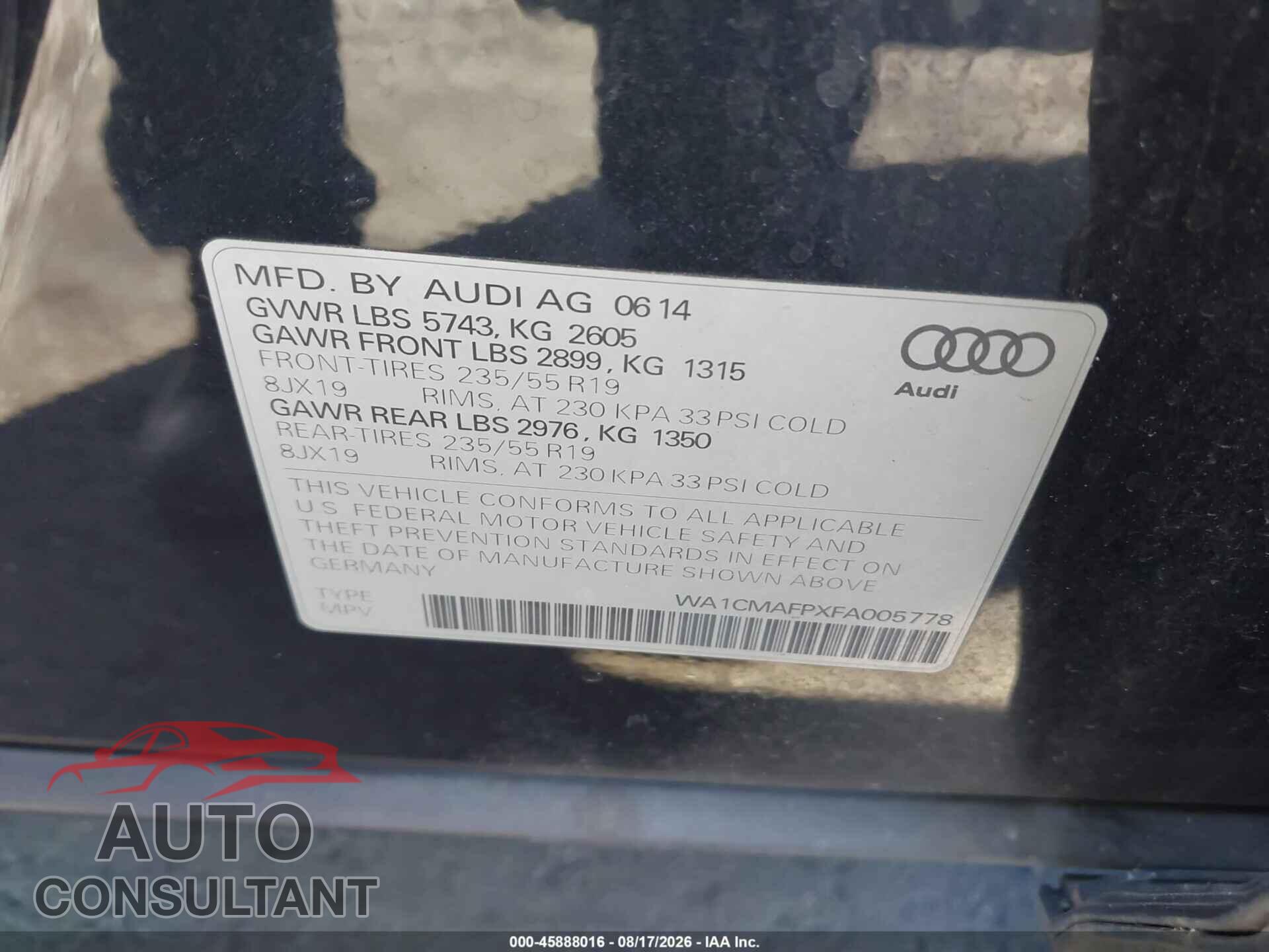 AUDI Q5 2015 - WA1CMAFPXFA005778