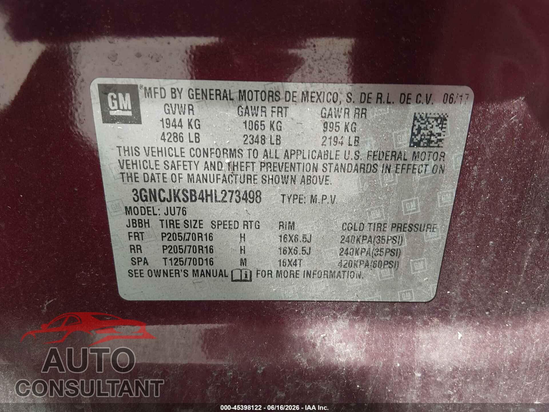 CHEVROLET TRAX 2017 - 3GNCJKSB4HL273498