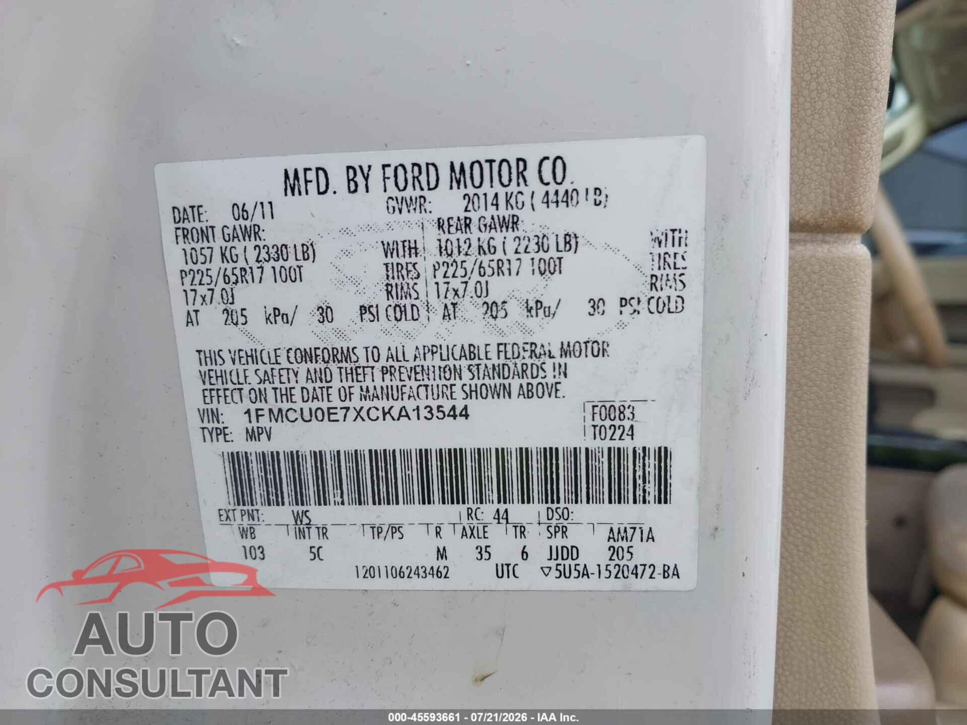 FORD ESCAPE 2012 - 1FMCU0E7XCKA13544