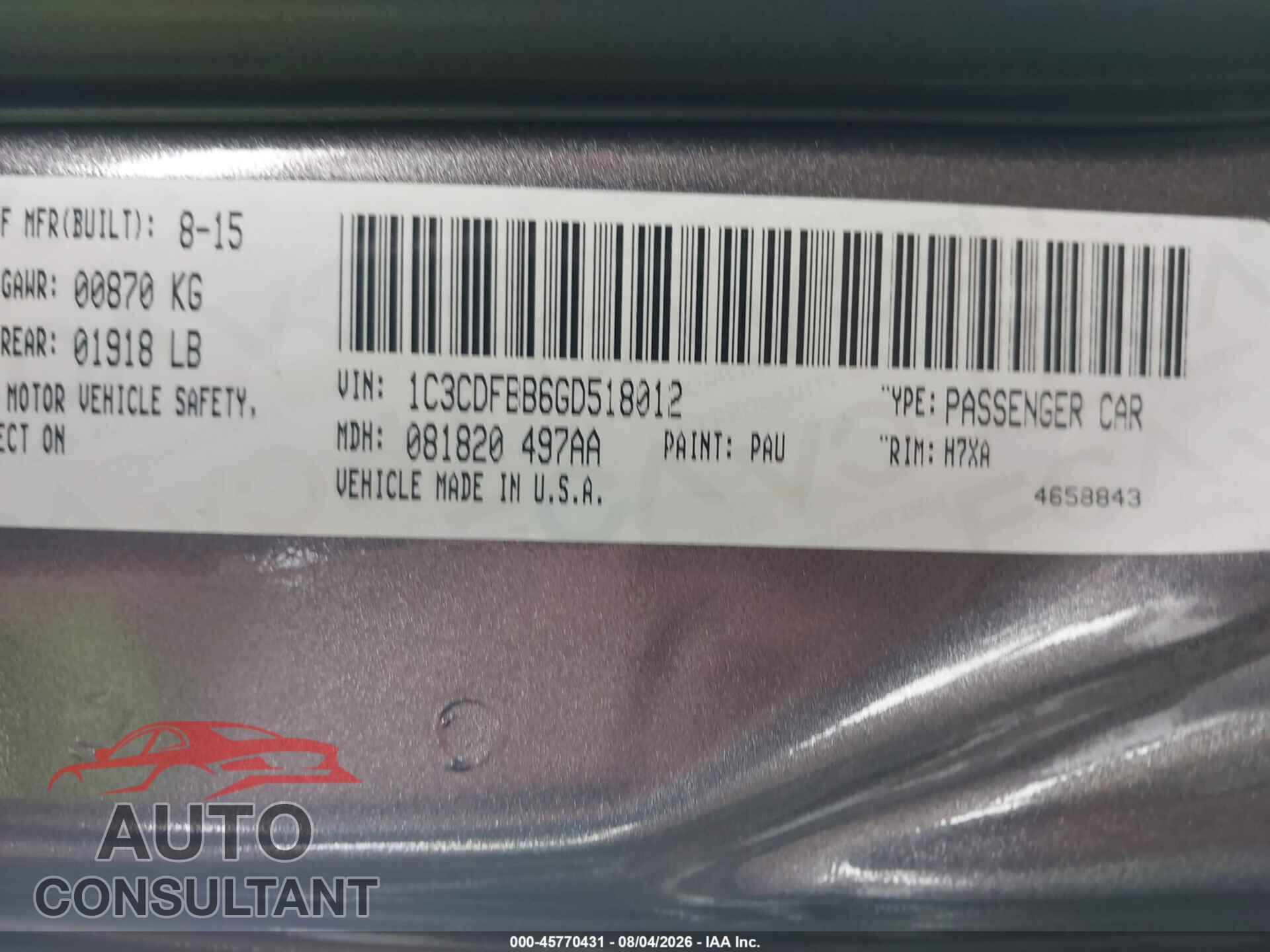 DODGE DART 2016 - 1C3CDFBB6GD518012