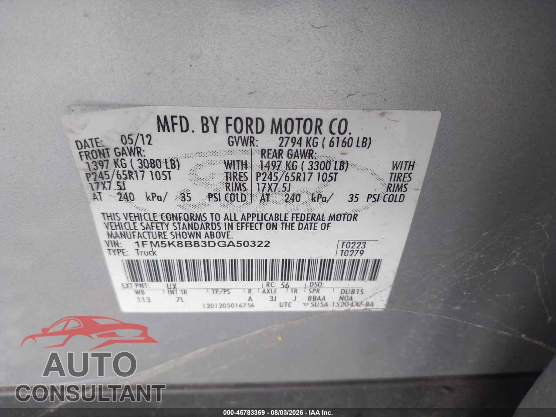FORD EXPLORER 2013 - 1FM5K8B83DGA50322