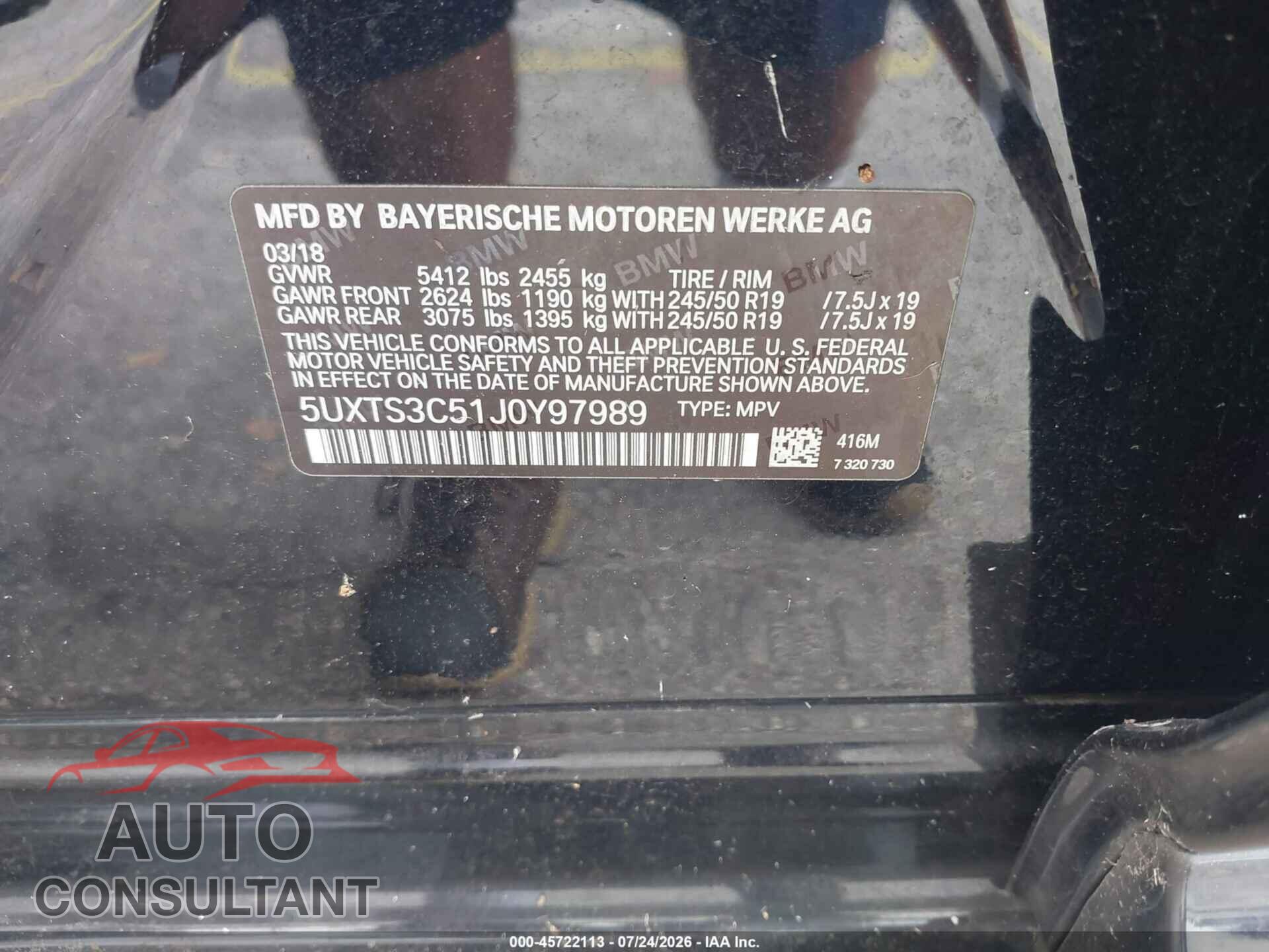 BMW X3 2018 - 5UXTS3C51J0Y97989