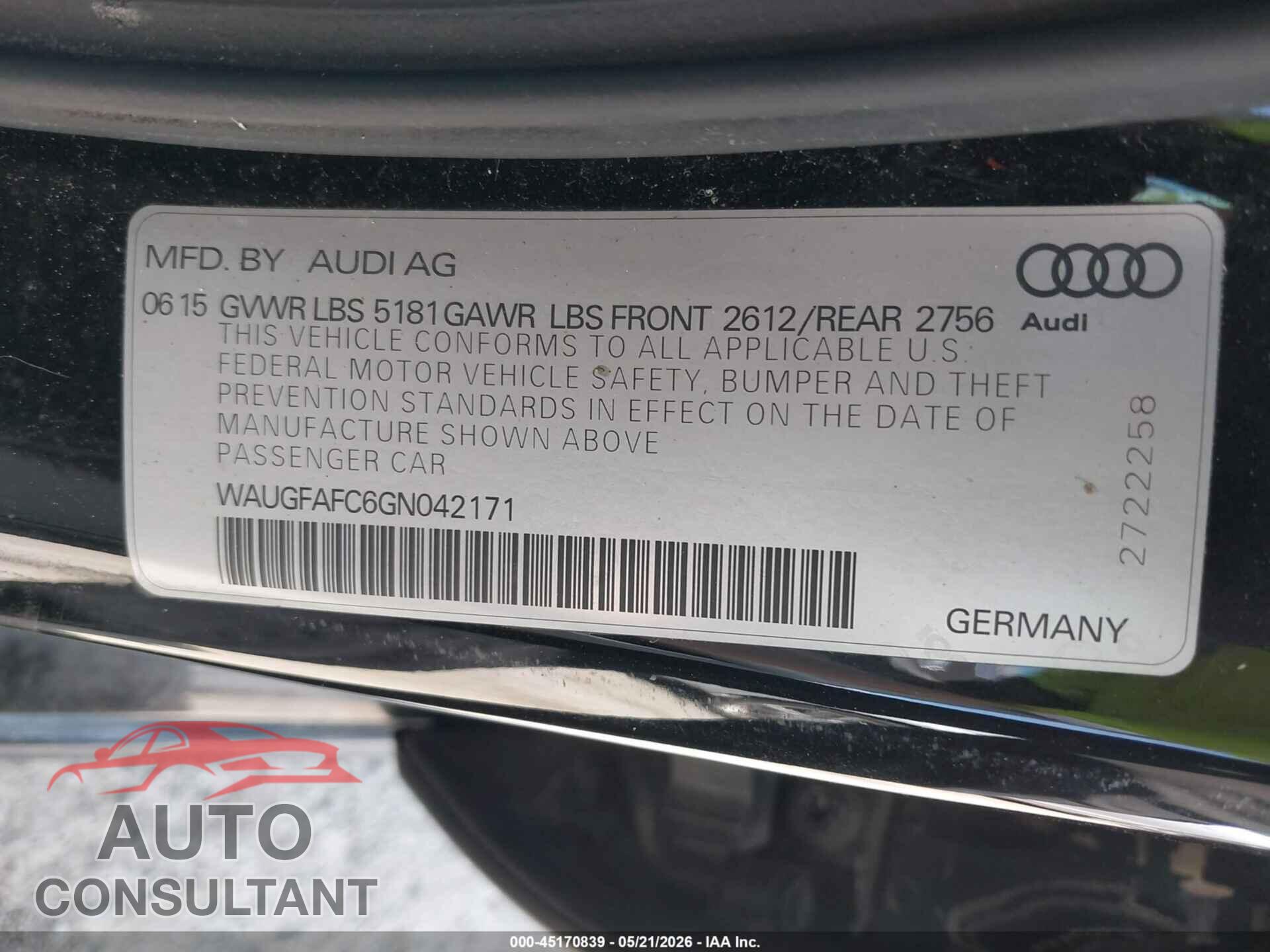 AUDI A6 2016 - WAUGFAFC6GN042171