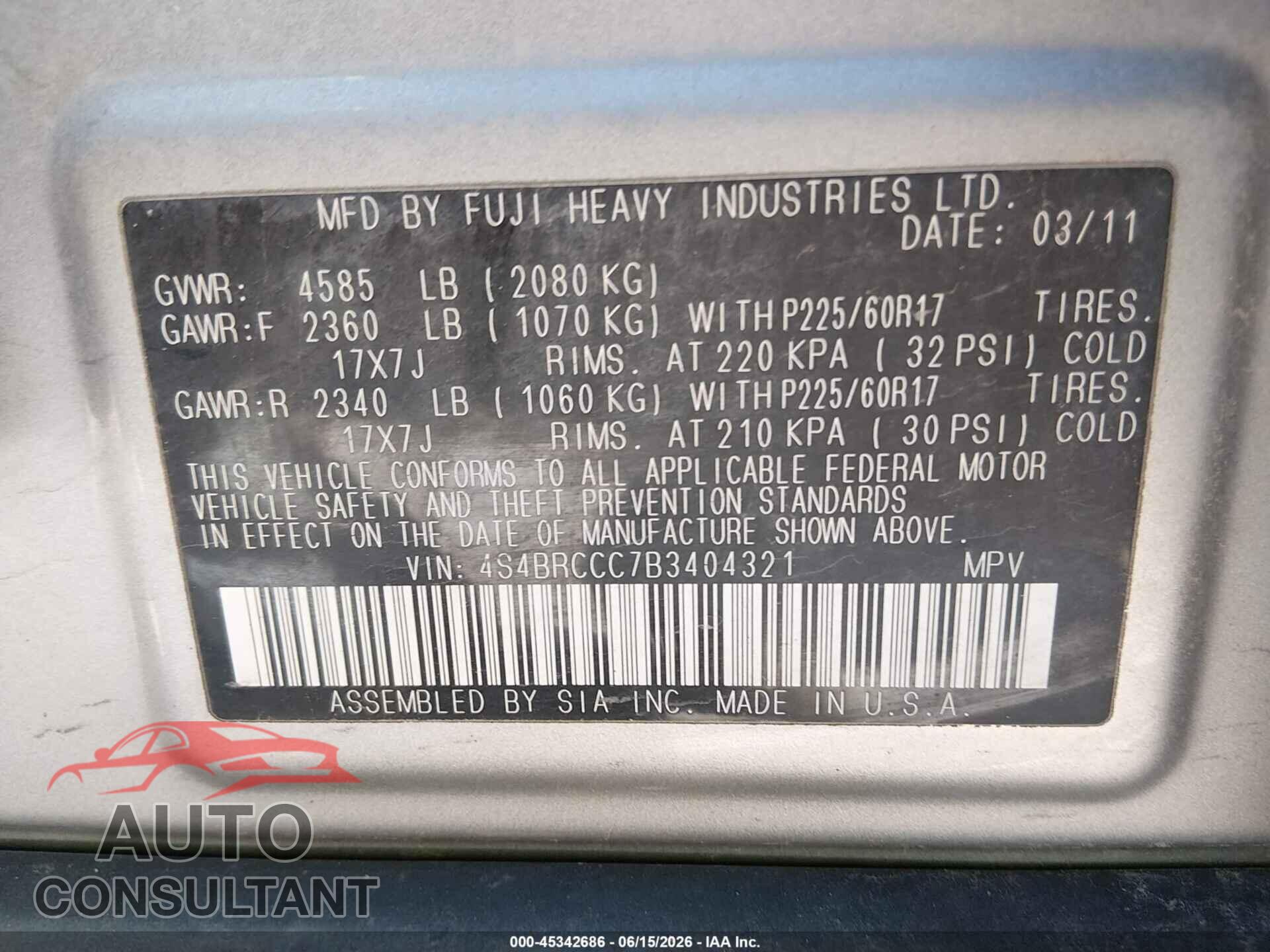 SUBARU OUTBACK 2011 - 4S4BRCCC7B3404321